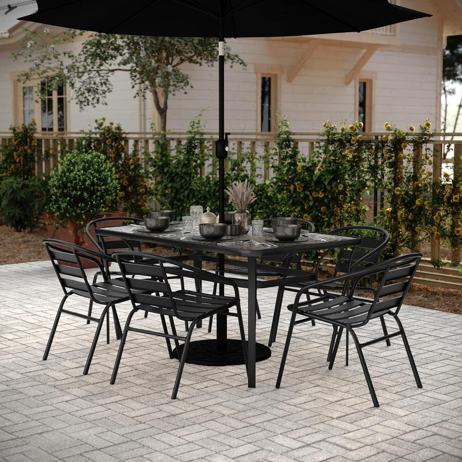 imageFlash Furniture Lila Commercial 7Piece Outdoor Dining Set Tempered Glass Patio Table with Umbrella Hole 6 Triple Slat Chairs 60quot Black