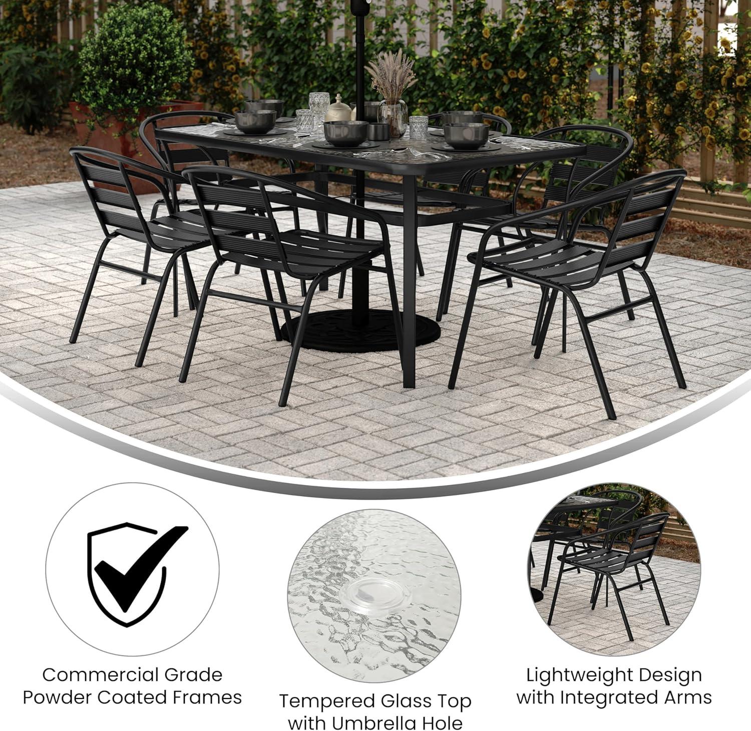 imageFlash Furniture Lila Commercial 7Piece Outdoor Dining Set Tempered Glass Patio Table with Umbrella Hole 6 Triple Slat Chairs 60quot Black