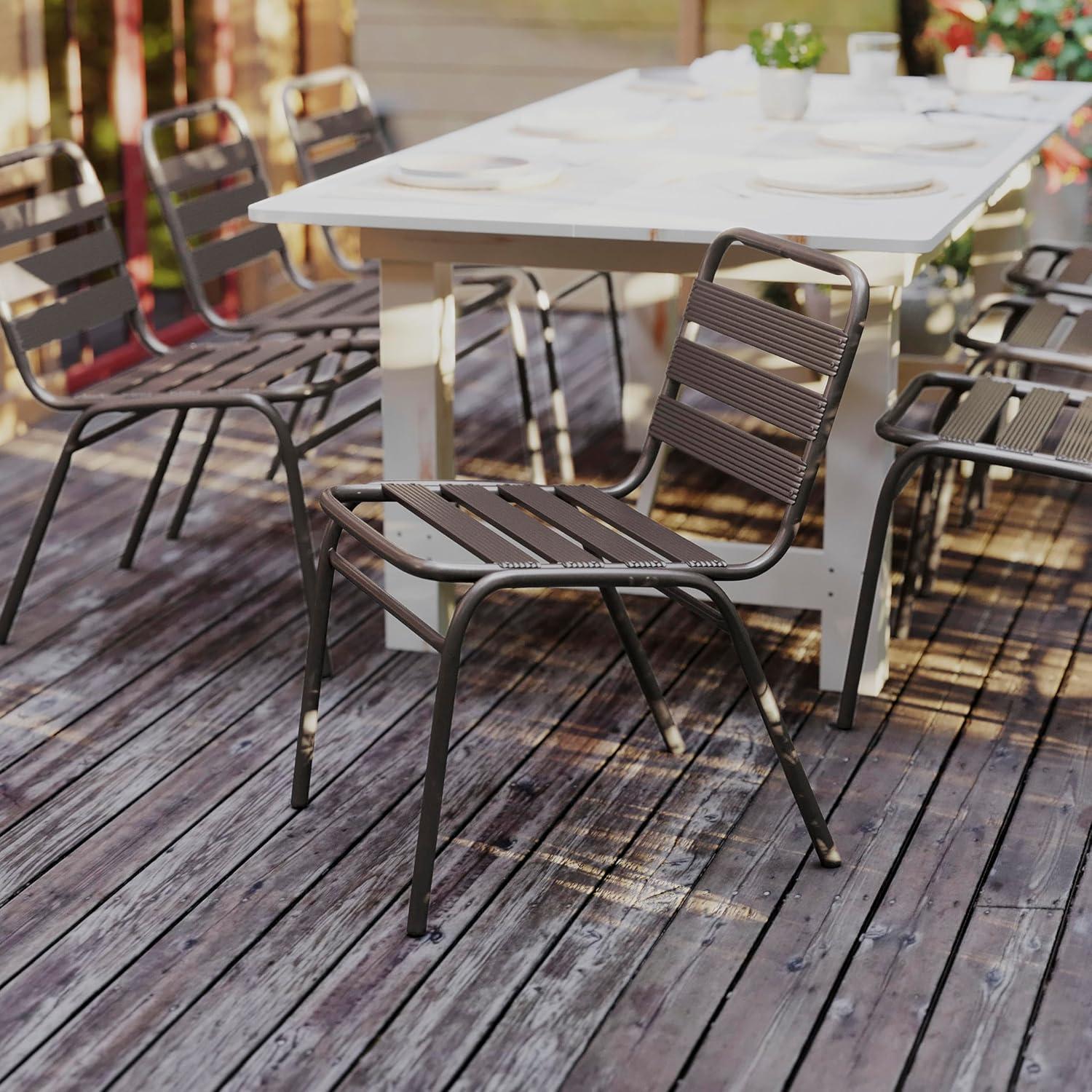 imageFlash Furniture Lila Commercial Black IndoorOutdoor Restaurant Stack Chair with Triple Slat BackBronze