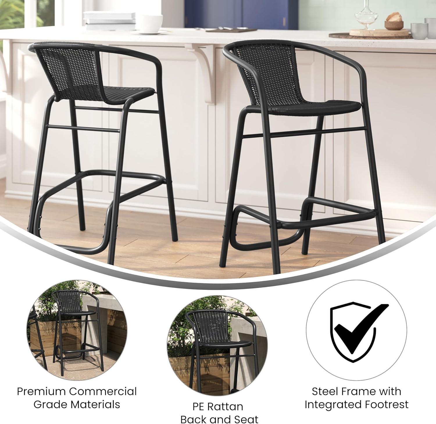 imageFlash Furniture Lila Commercial Grade Rattan IndoorOutdoor Commercial Restaurant Barstool Rattan Seat and Back Footrest Medium Brown 4 PackBlack