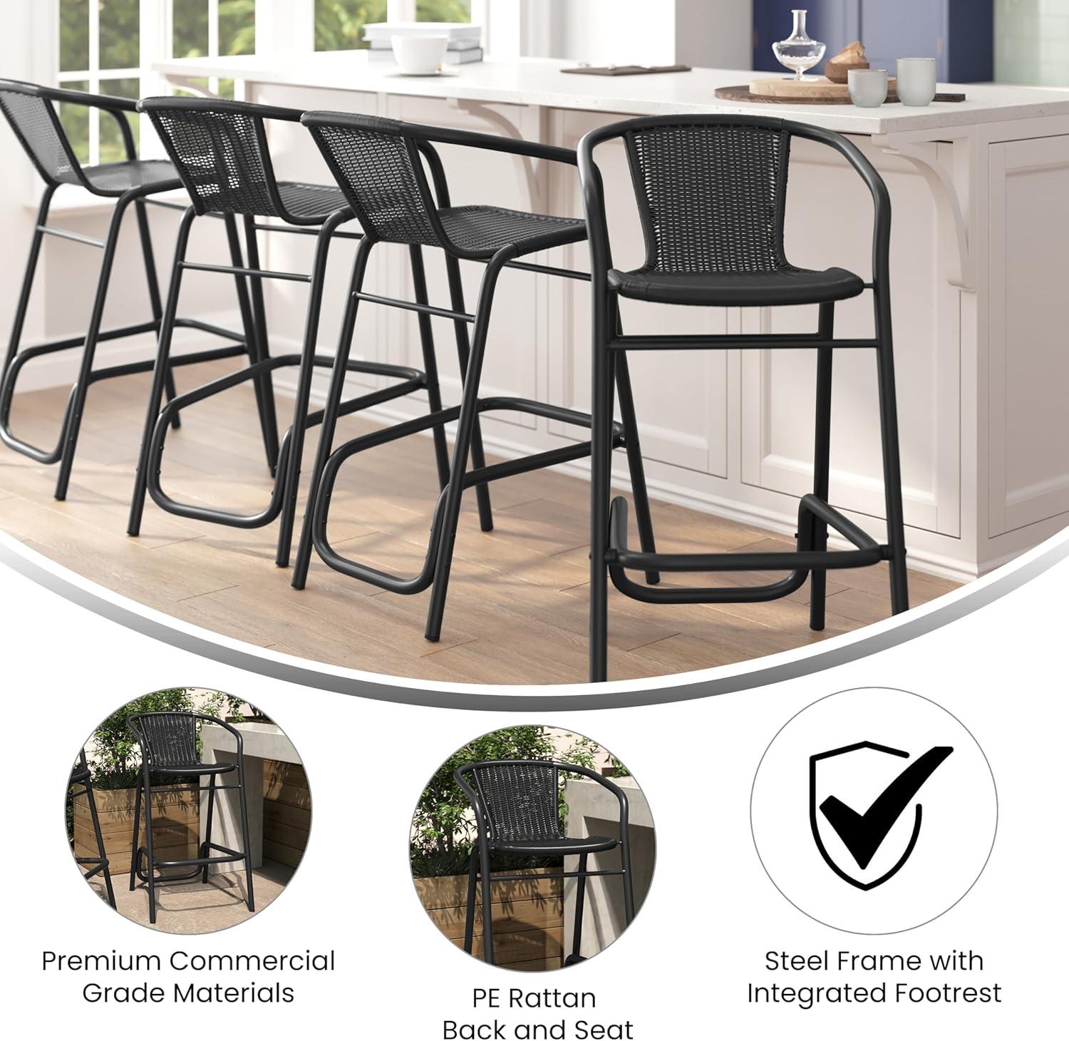 imageFlash Furniture Lila Commercial Grade Rattan IndoorOutdoor Commercial Restaurant Barstool Rattan Seat and Back Footrest Medium Brown 4 PackBlack