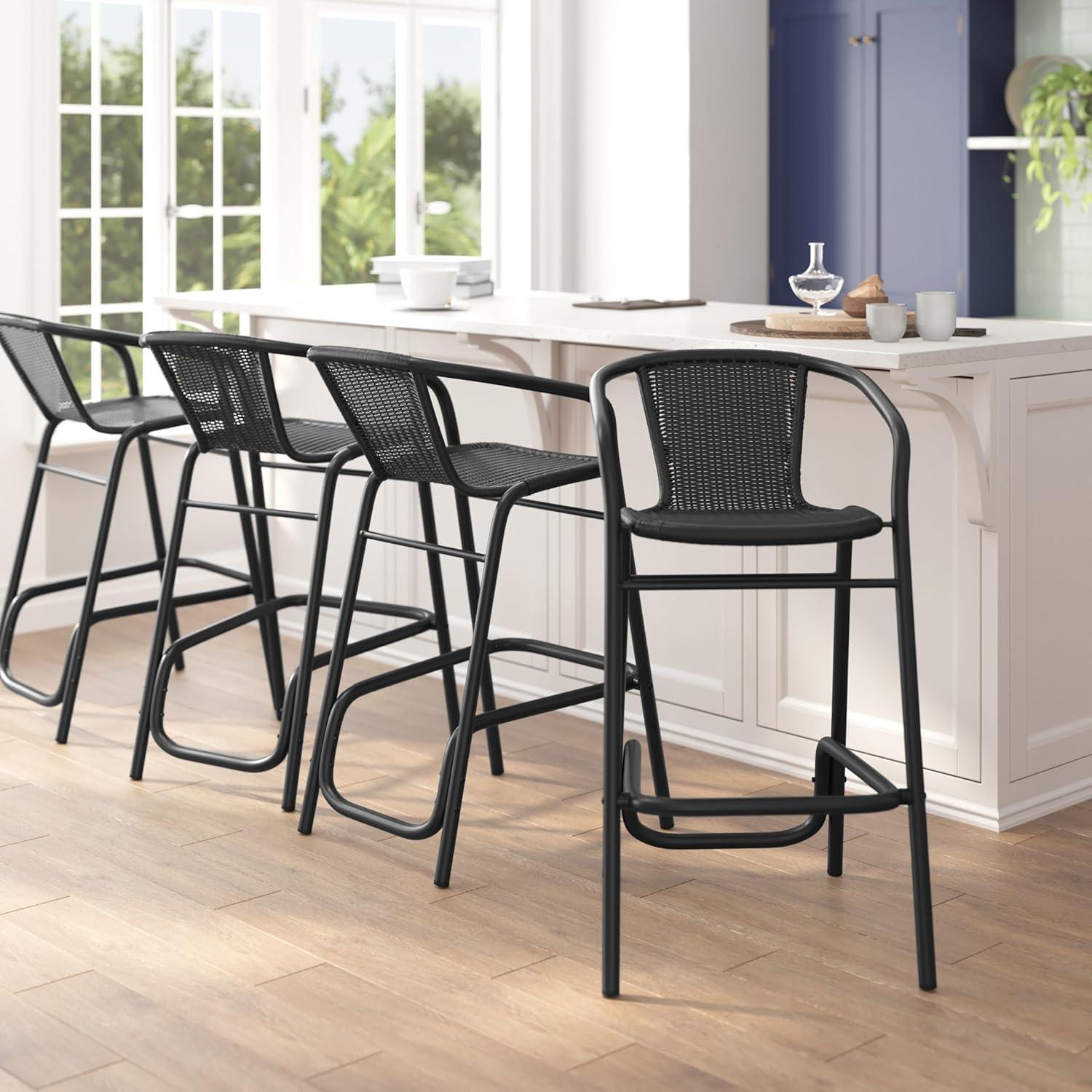 imageFlash Furniture Lila Commercial Grade Rattan IndoorOutdoor Commercial Restaurant Barstool Rattan Seat and Back Footrest Medium Brown 4 PackBlack