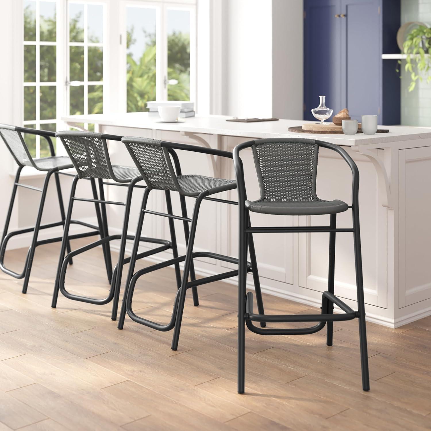 imageFlash Furniture Lila Commercial Grade Rattan IndoorOutdoor Commercial Restaurant Barstool Rattan Seat and Back Footrest Medium Brown 4 PackGrey