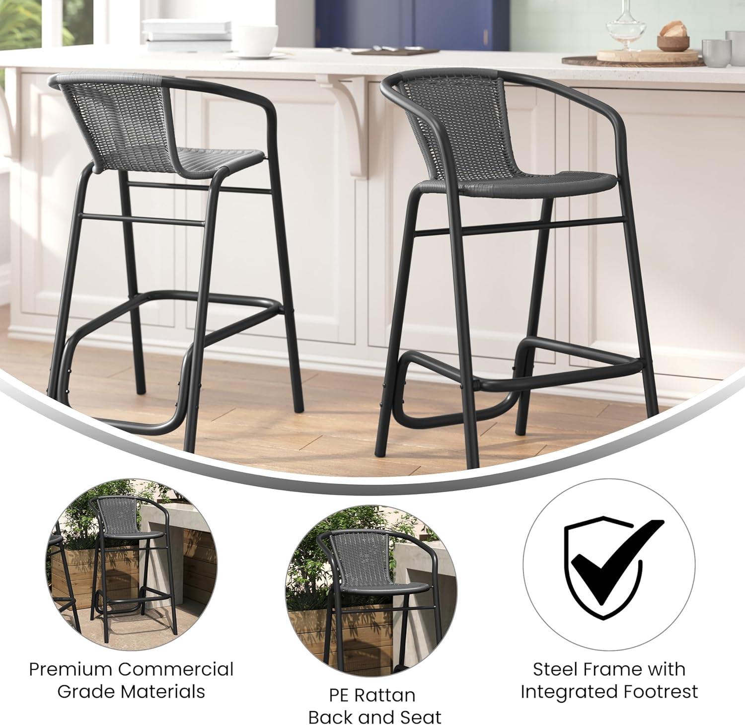 imageFlash Furniture Lila Commercial Grade Rattan IndoorOutdoor Commercial Restaurant Barstool Rattan Seat and Back Footrest Medium Brown 4 PackGrey