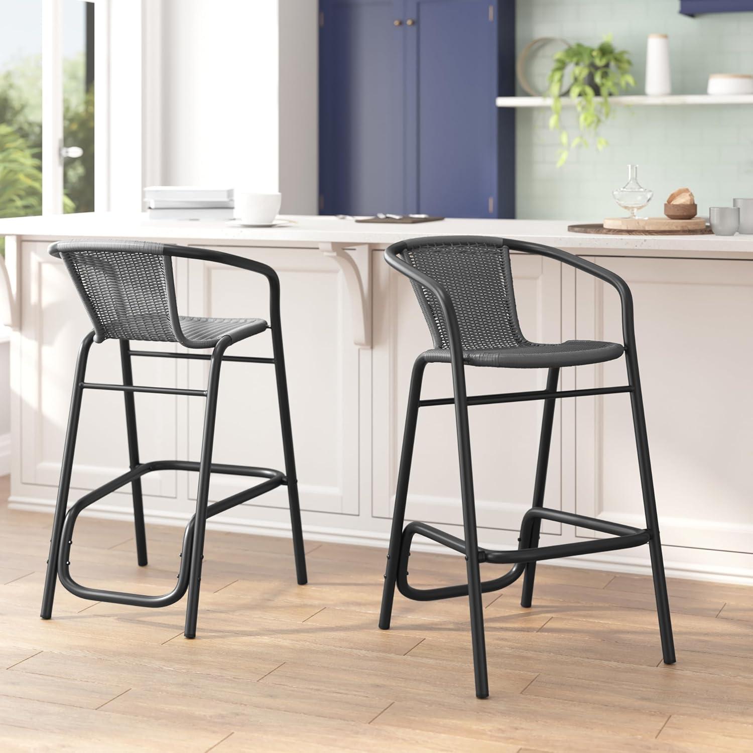 imageFlash Furniture Lila Commercial Grade Rattan IndoorOutdoor Commercial Restaurant Barstool Rattan Seat and Back Footrest Medium Brown 4 PackGrey