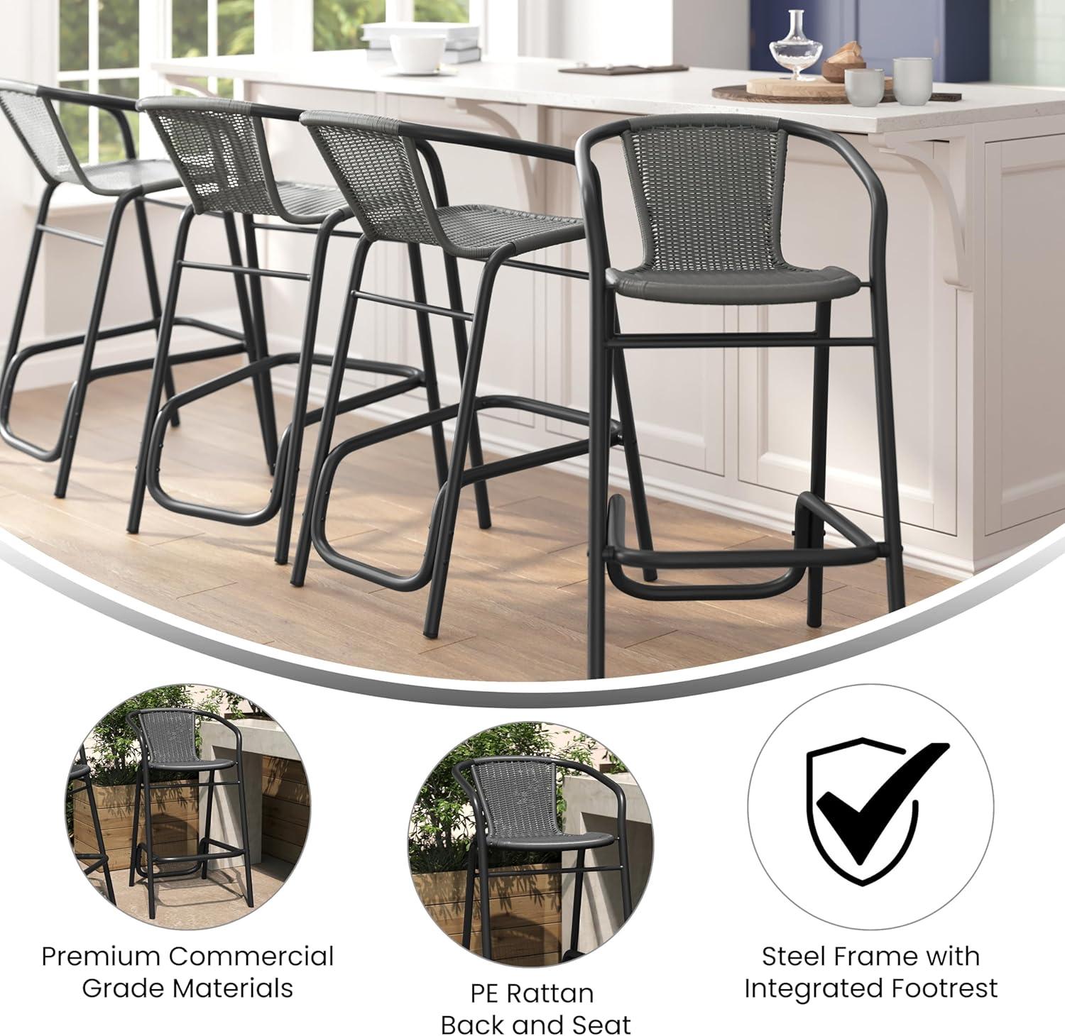 imageFlash Furniture Lila Commercial Grade Rattan IndoorOutdoor Commercial Restaurant Barstool Rattan Seat and Back Footrest Medium Brown 4 PackGrey