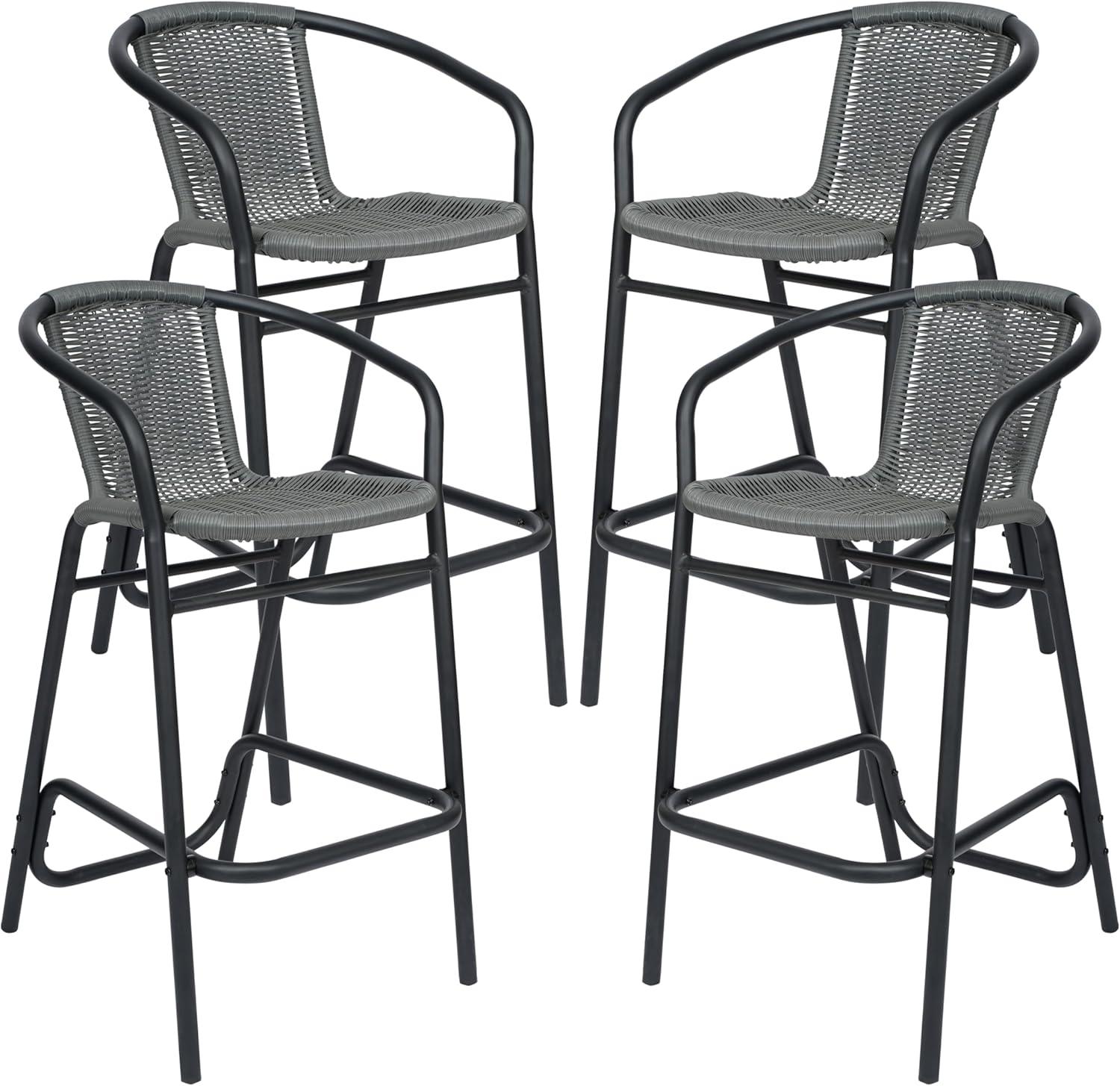 imageFlash Furniture Lila Commercial Grade Rattan IndoorOutdoor Commercial Restaurant Barstool Rattan Seat and Back Footrest Medium Brown 4 PackGrey