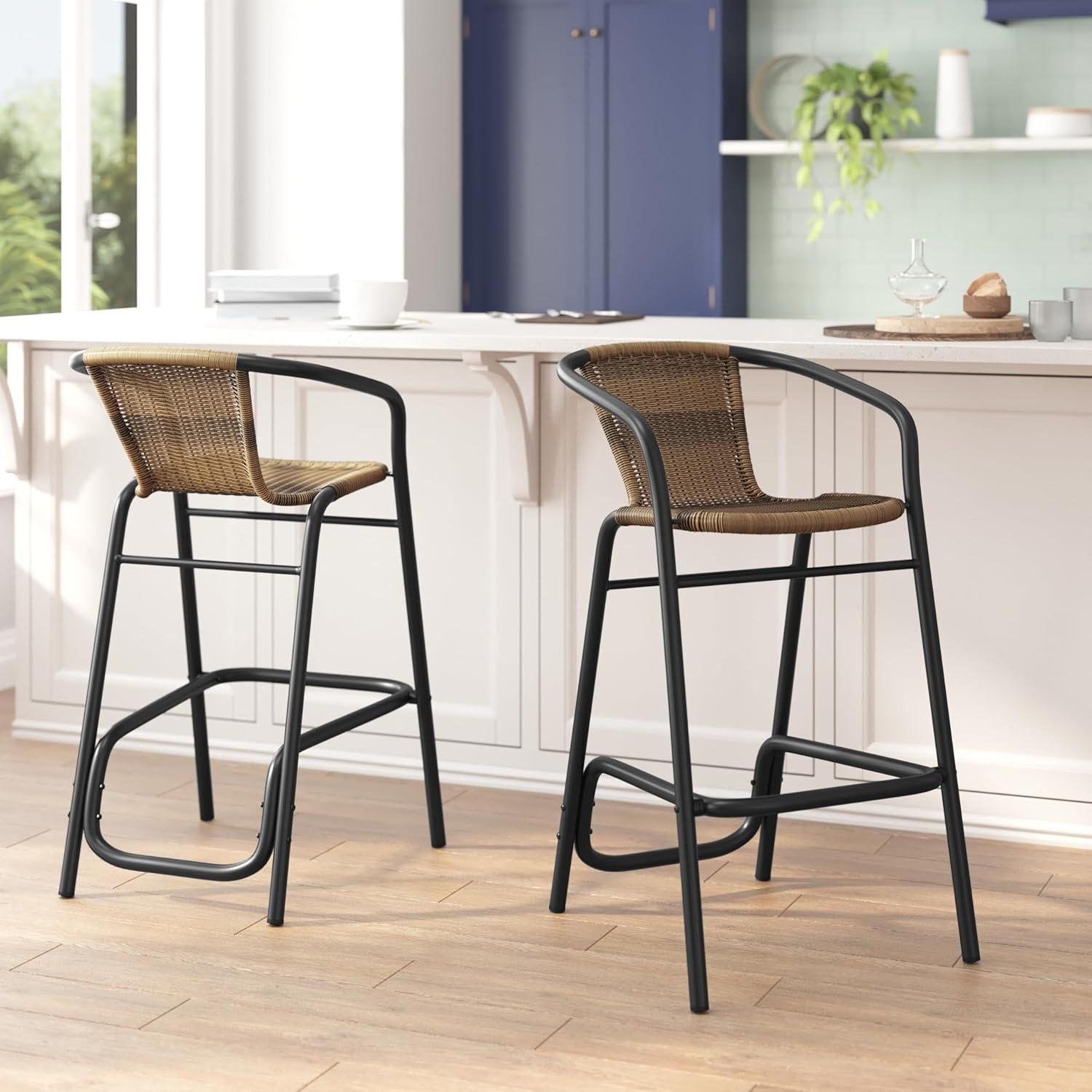 imageFlash Furniture Lila Commercial Grade Rattan IndoorOutdoor Commercial Restaurant Barstool Rattan Seat and Back Footrest Medium Brown 4 PackMedium Brown