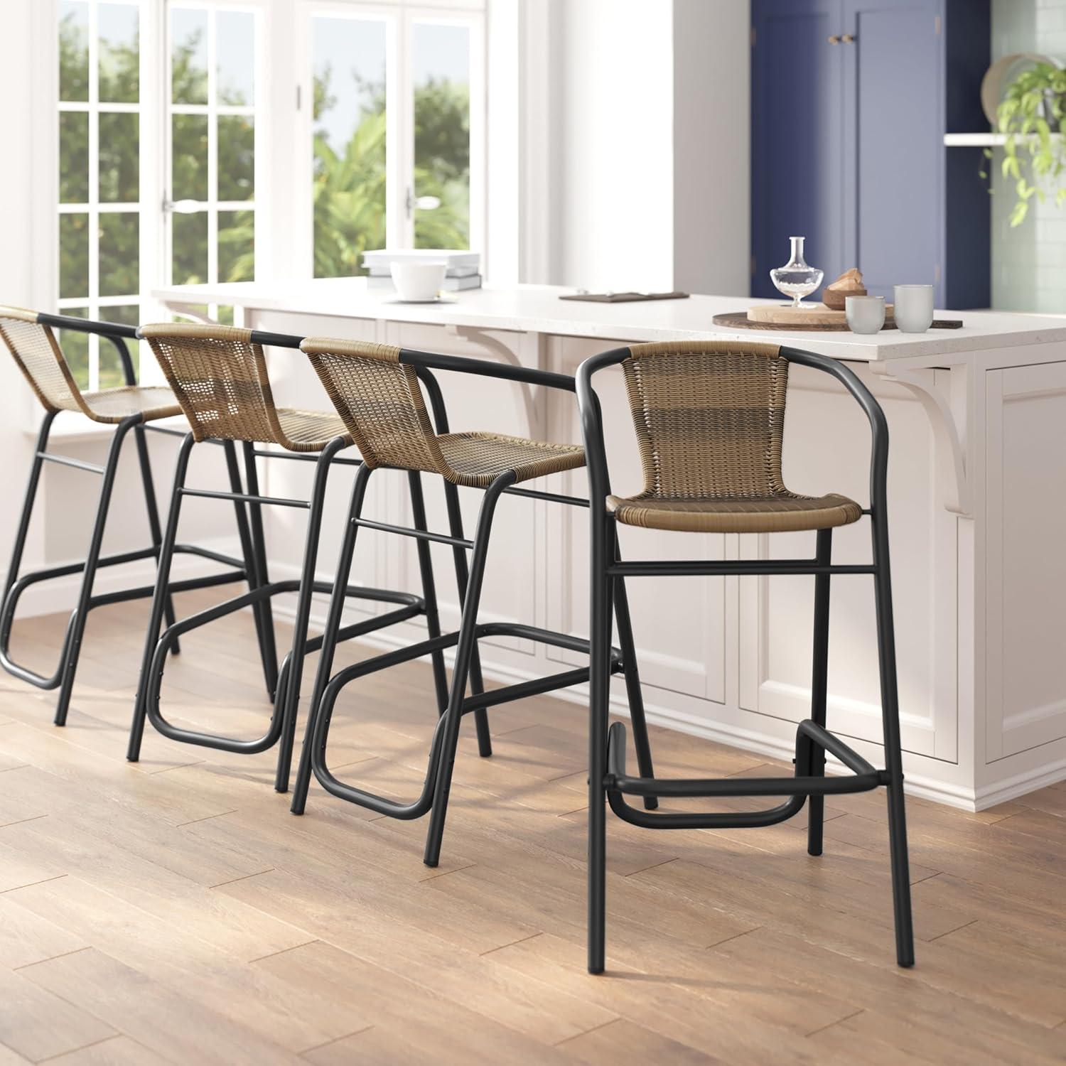 imageFlash Furniture Lila Commercial Grade Rattan IndoorOutdoor Commercial Restaurant Barstool Rattan Seat and Back Footrest Medium Brown 4 PackMedium Brown