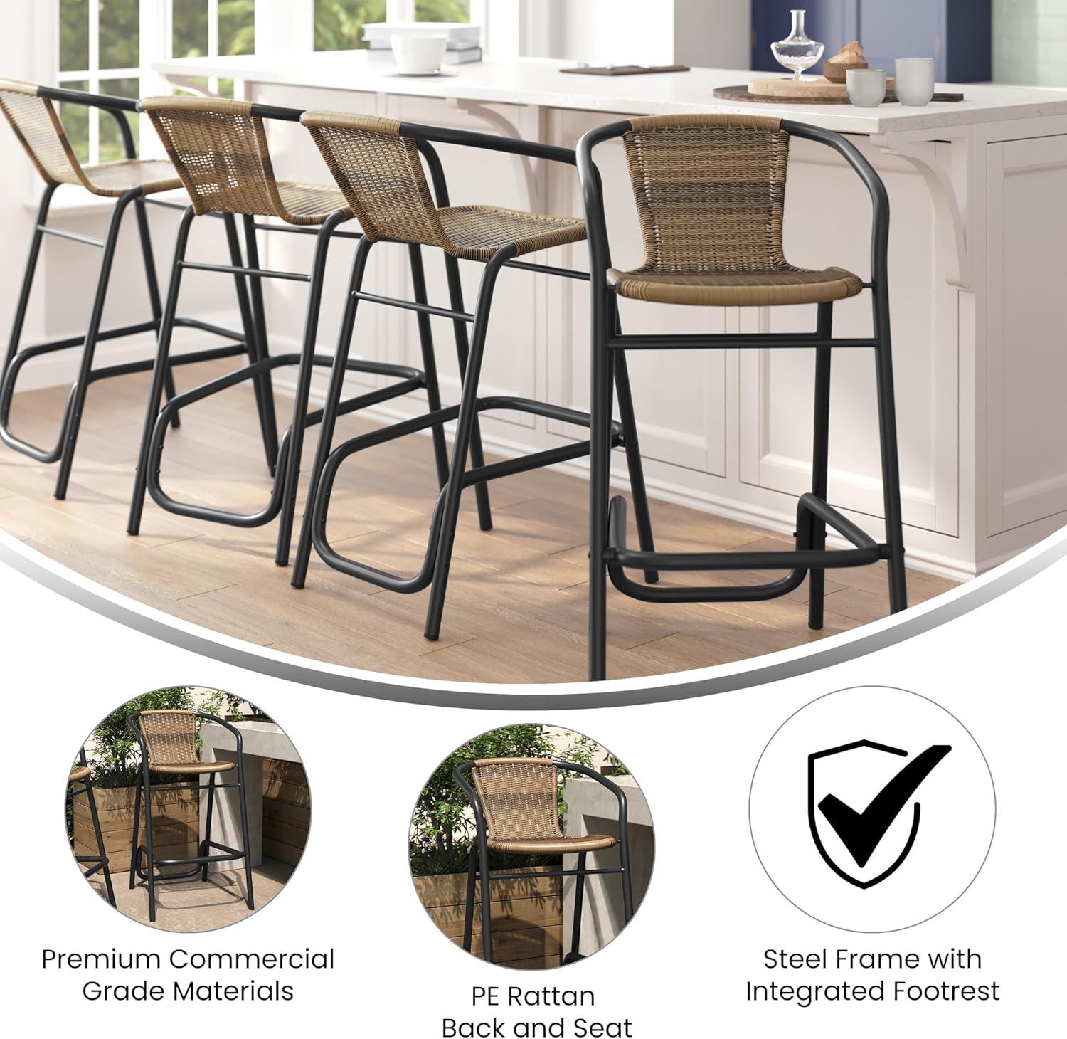 imageFlash Furniture Lila Commercial Grade Rattan IndoorOutdoor Commercial Restaurant Barstool Rattan Seat and Back Footrest Medium Brown 4 PackMedium Brown