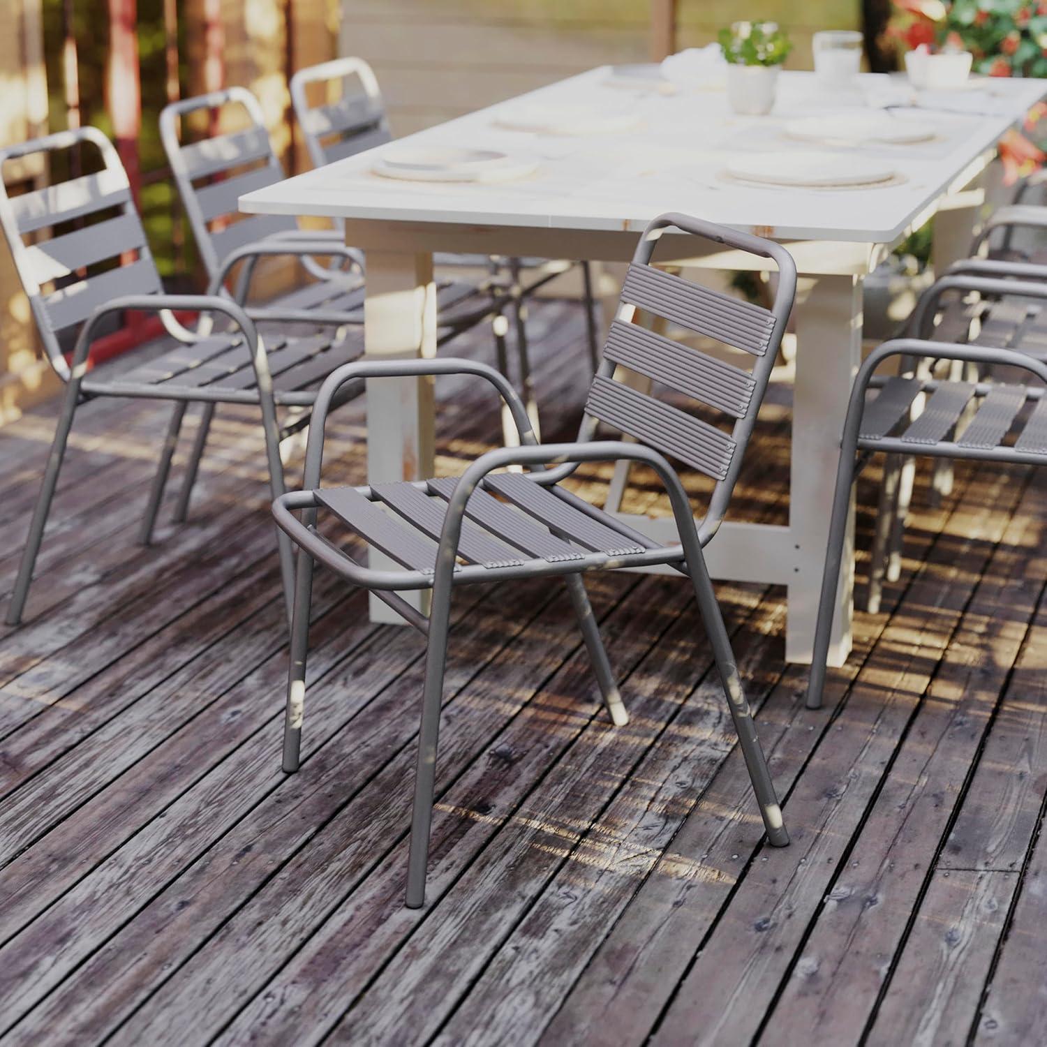 imageFlash Furniture Lila Commercial Restaurant Stack Chair with Triple Slat Back and Arms IndoorOutdoor Dining Chair SilverSilver