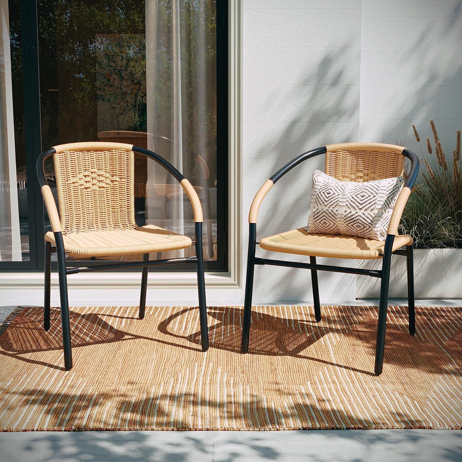 imageFlash Furniture Lila Modern Rattan IndoorOutdoor Stackable Dining Chairs Stacking Rattan Bistro Chairs for Patio or Restaurant Set of 2 BrownBeige