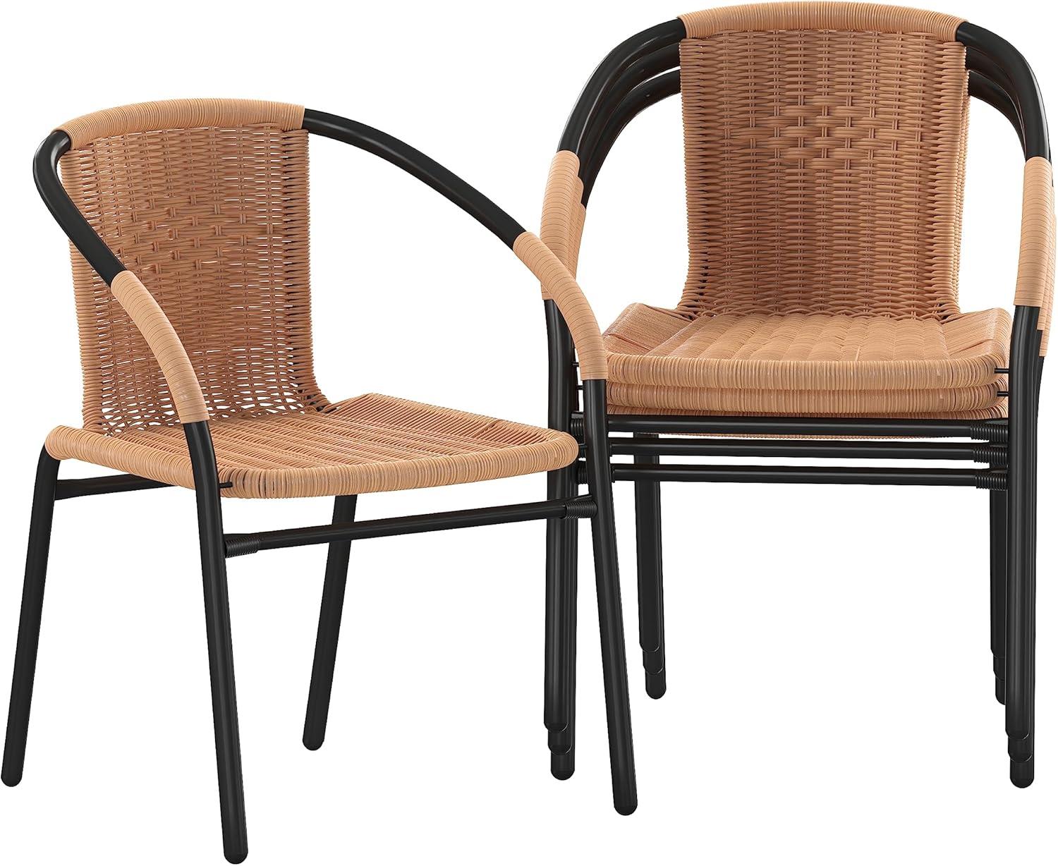 imageFlash Furniture Lila Modern Rattan IndoorOutdoor Stackable Dining Chairs Stacking Rattan Bistro Chairs for Patio or Restaurant Set of 2 BrownBeige