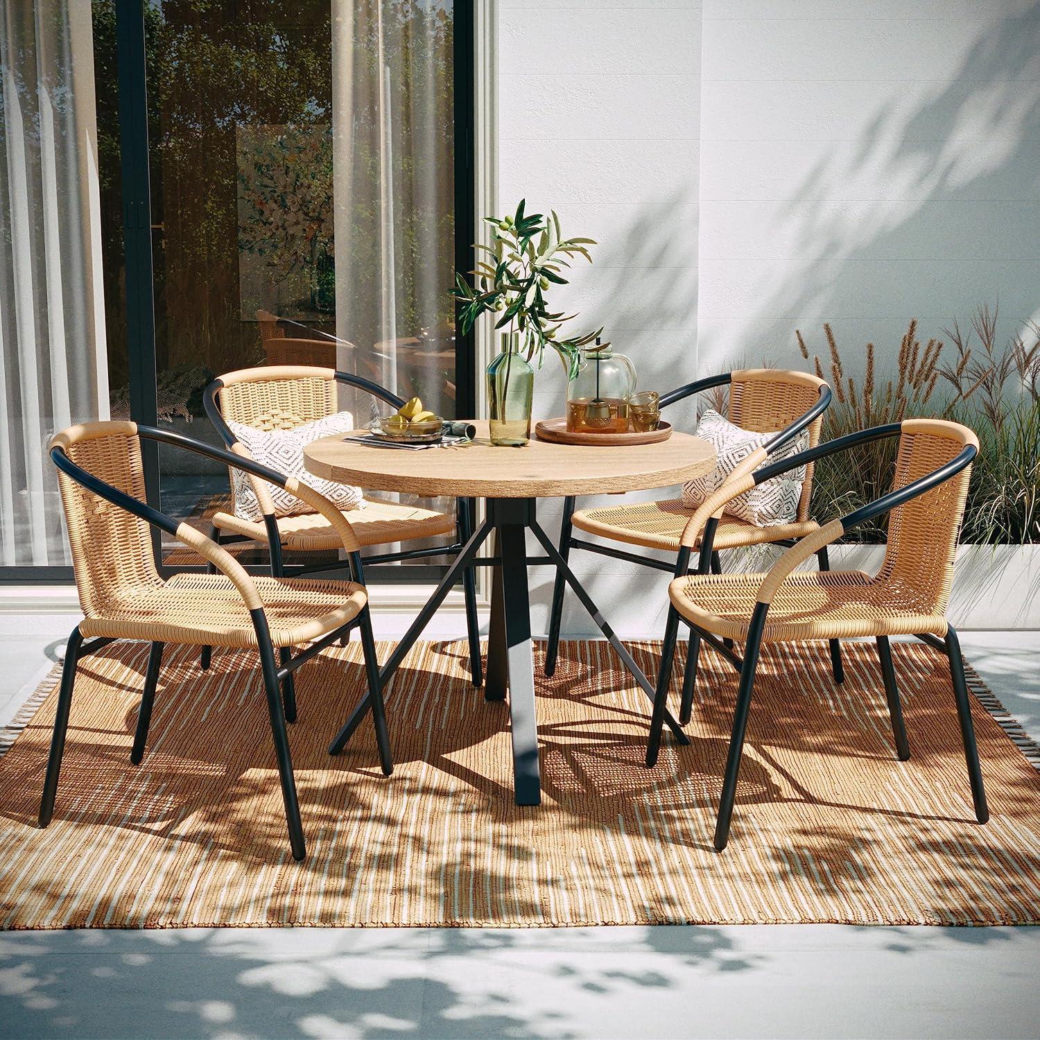 imageFlash Furniture Lila Modern Rattan IndoorOutdoor Stackable Dining Chairs Stacking Rattan Bistro Chairs for Patio or Restaurant Set of 2 BrownBeige
