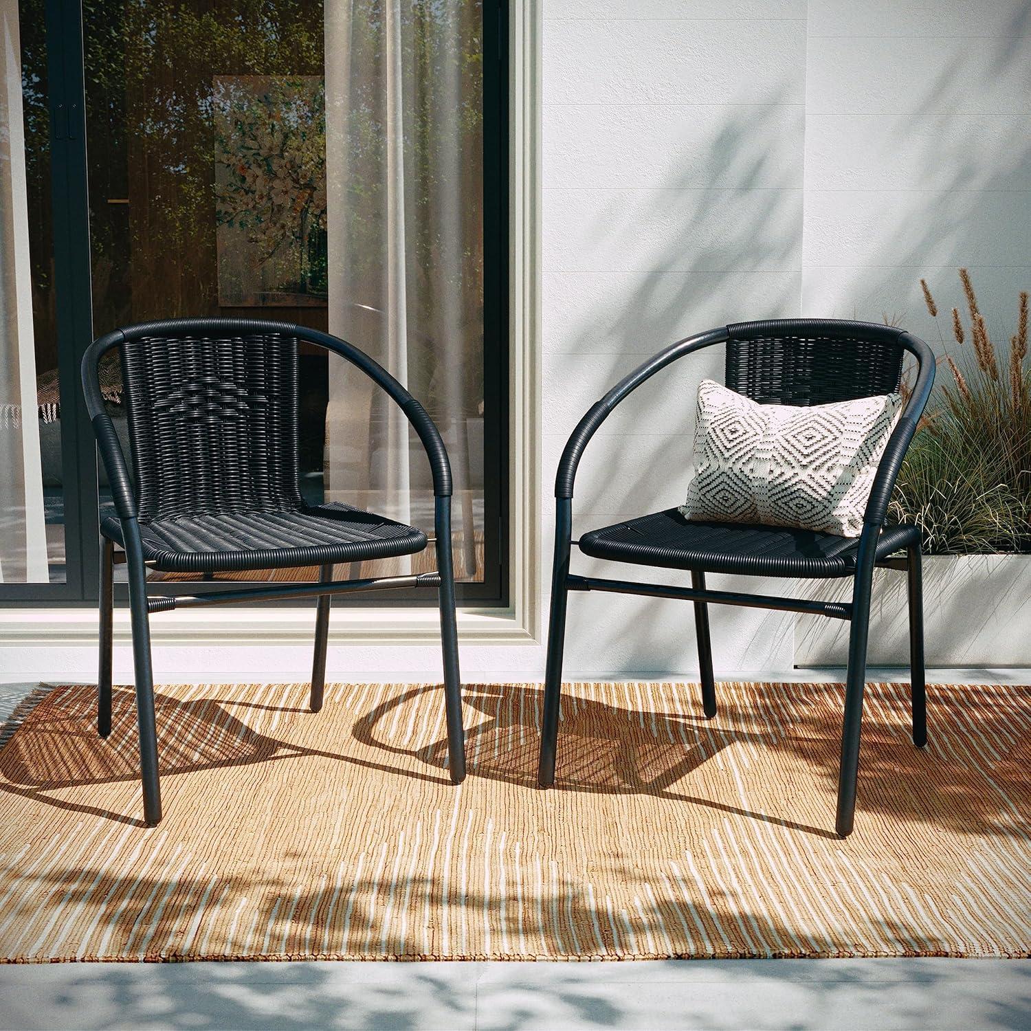 imageFlash Furniture Lila Modern Rattan IndoorOutdoor Stackable Dining Chairs Stacking Rattan Bistro Chairs for Patio or Restaurant Set of 2 BrownBlack
