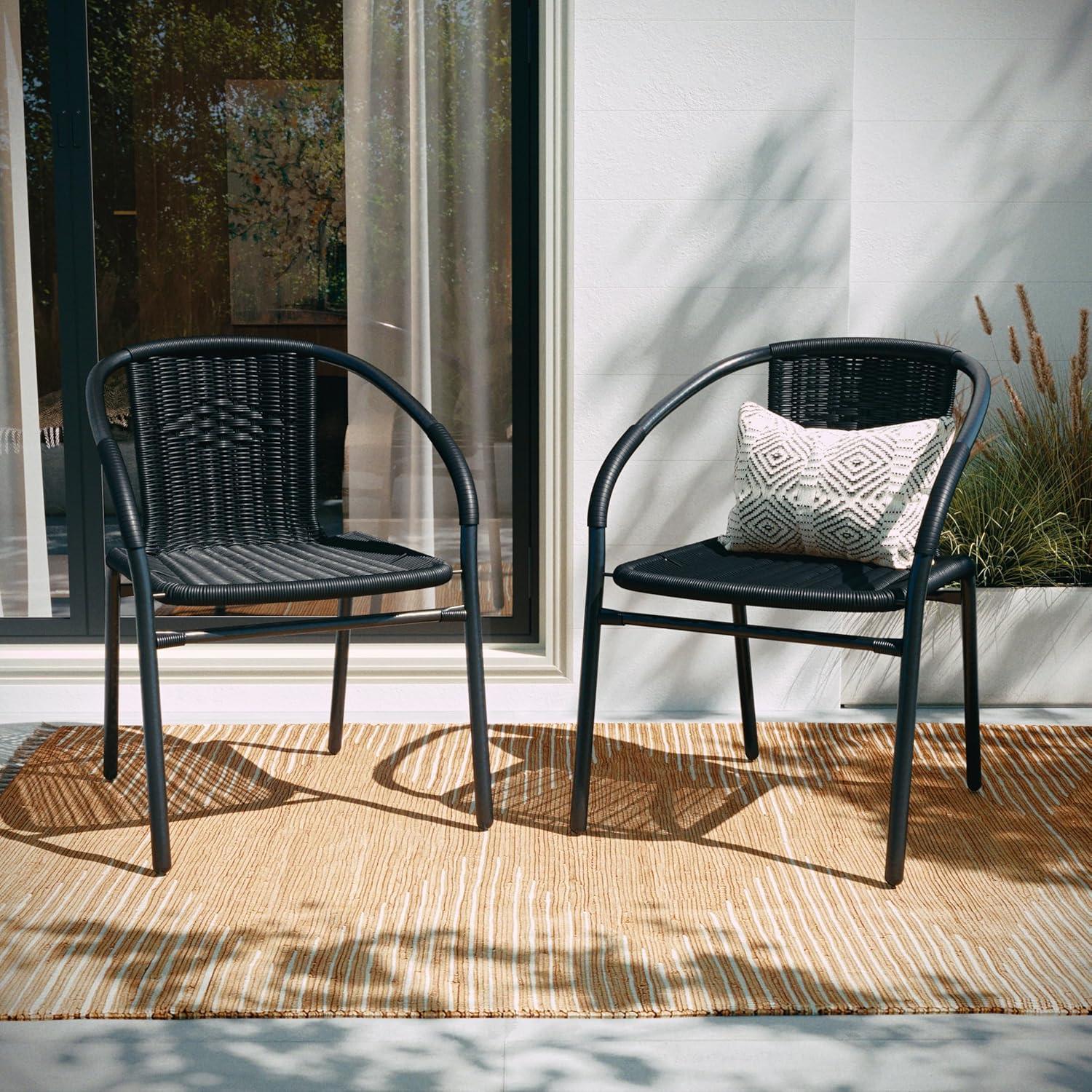imageFlash Furniture Lila Modern Rattan IndoorOutdoor Stackable Dining Chairs Stacking Rattan Bistro Chairs for Patio or Restaurant Set of 2 BrownBlack