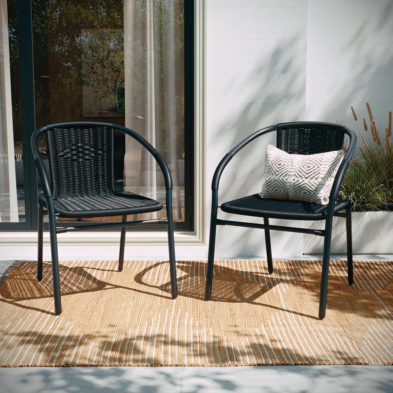 imageFlash Furniture Lila Modern Rattan IndoorOutdoor Stackable Dining Chairs Stacking Rattan Bistro Chairs for Patio or Restaurant Set of 2 BrownBlack