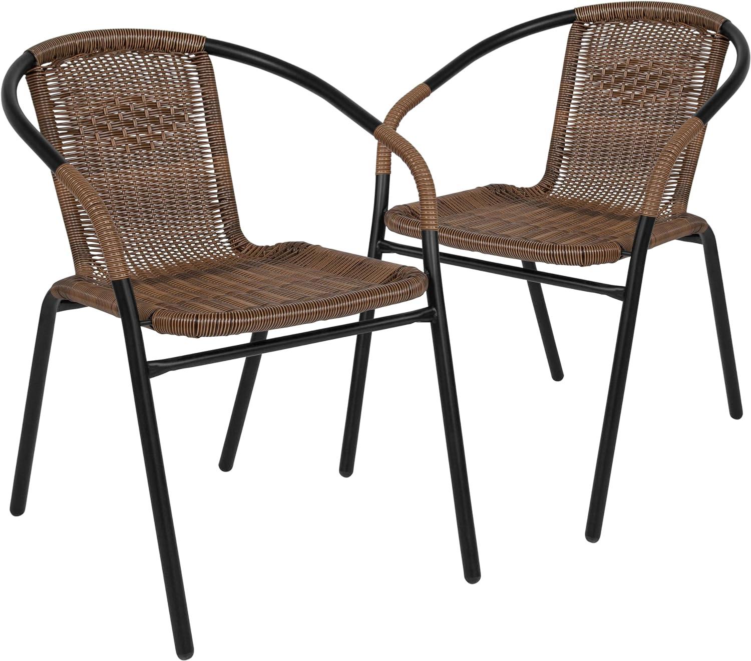 imageFlash Furniture Lila Modern Rattan IndoorOutdoor Stackable Dining Chairs Stacking Rattan Bistro Chairs for Patio or Restaurant Set of 2 BrownDark Brown