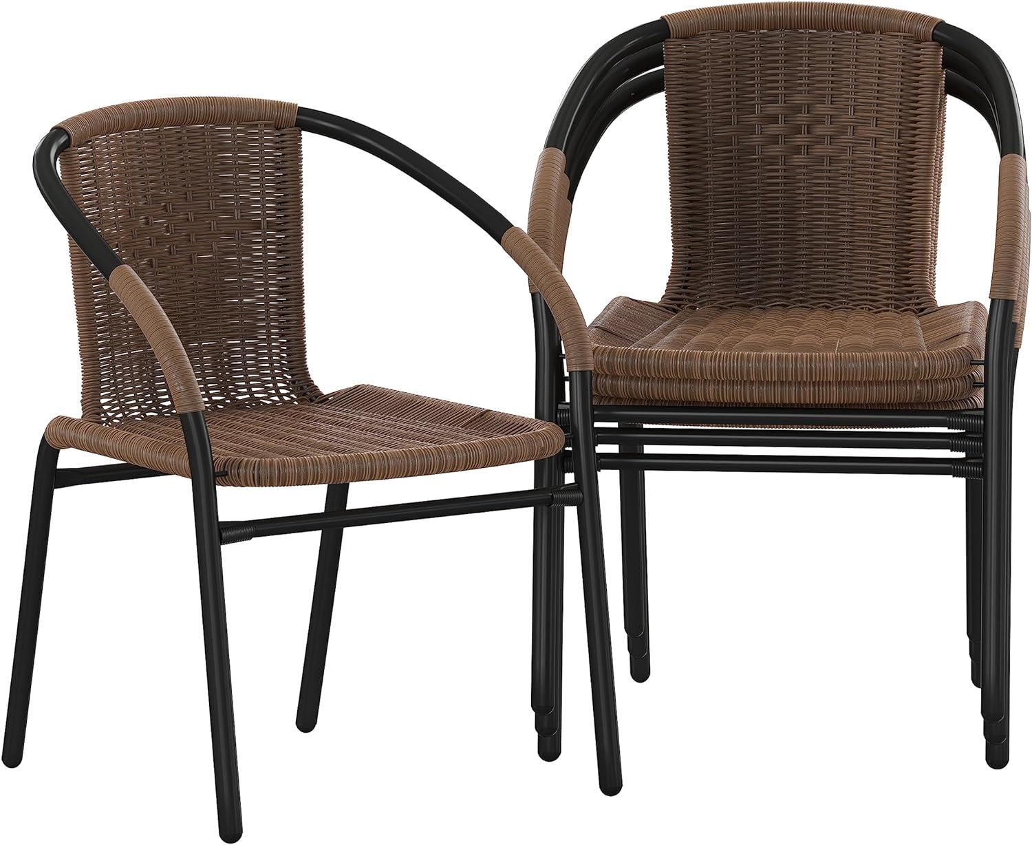 imageFlash Furniture Lila Modern Rattan IndoorOutdoor Stackable Dining Chairs Stacking Rattan Bistro Chairs for Patio or Restaurant Set of 2 BrownDark Brown