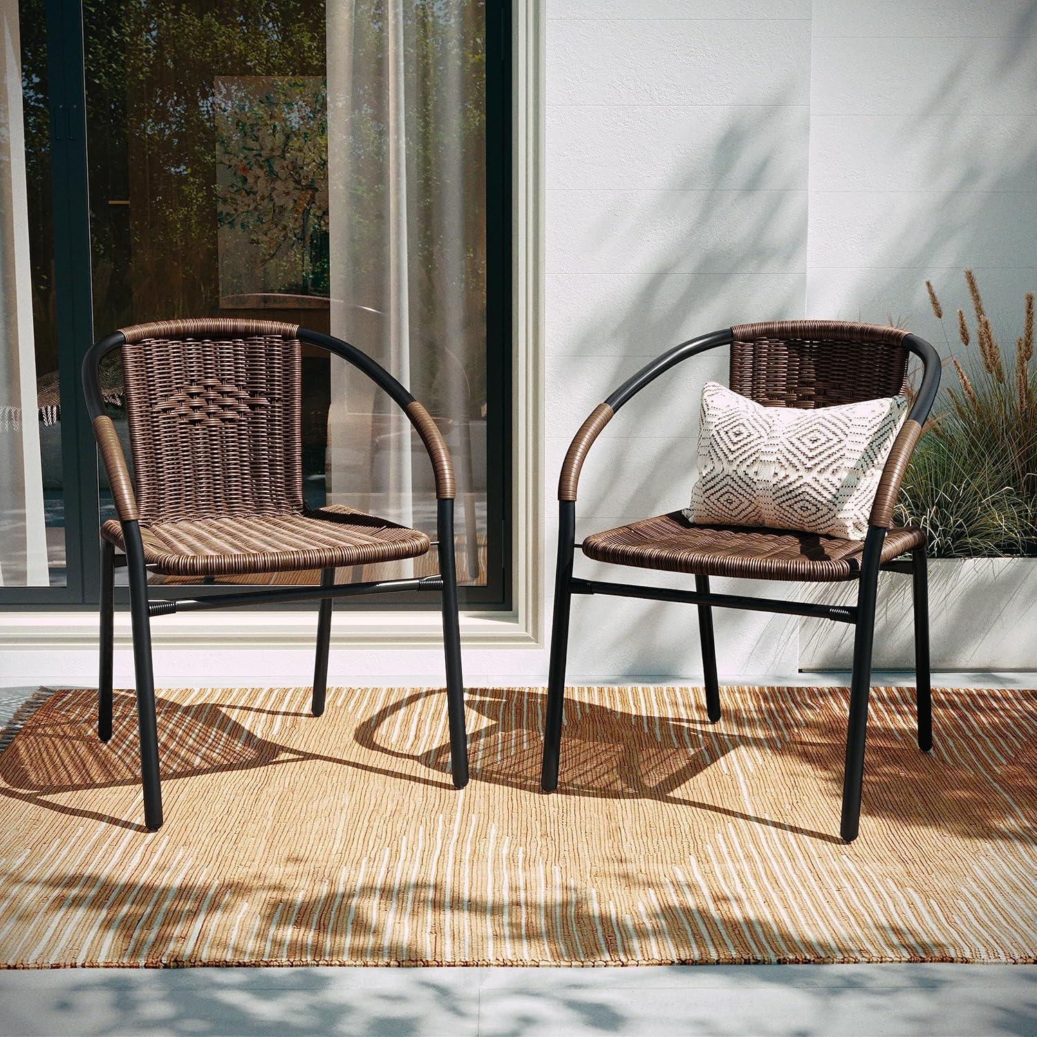 imageFlash Furniture Lila Modern Rattan IndoorOutdoor Stackable Dining Chairs Stacking Rattan Bistro Chairs for Patio or Restaurant Set of 2 BrownDark Brown