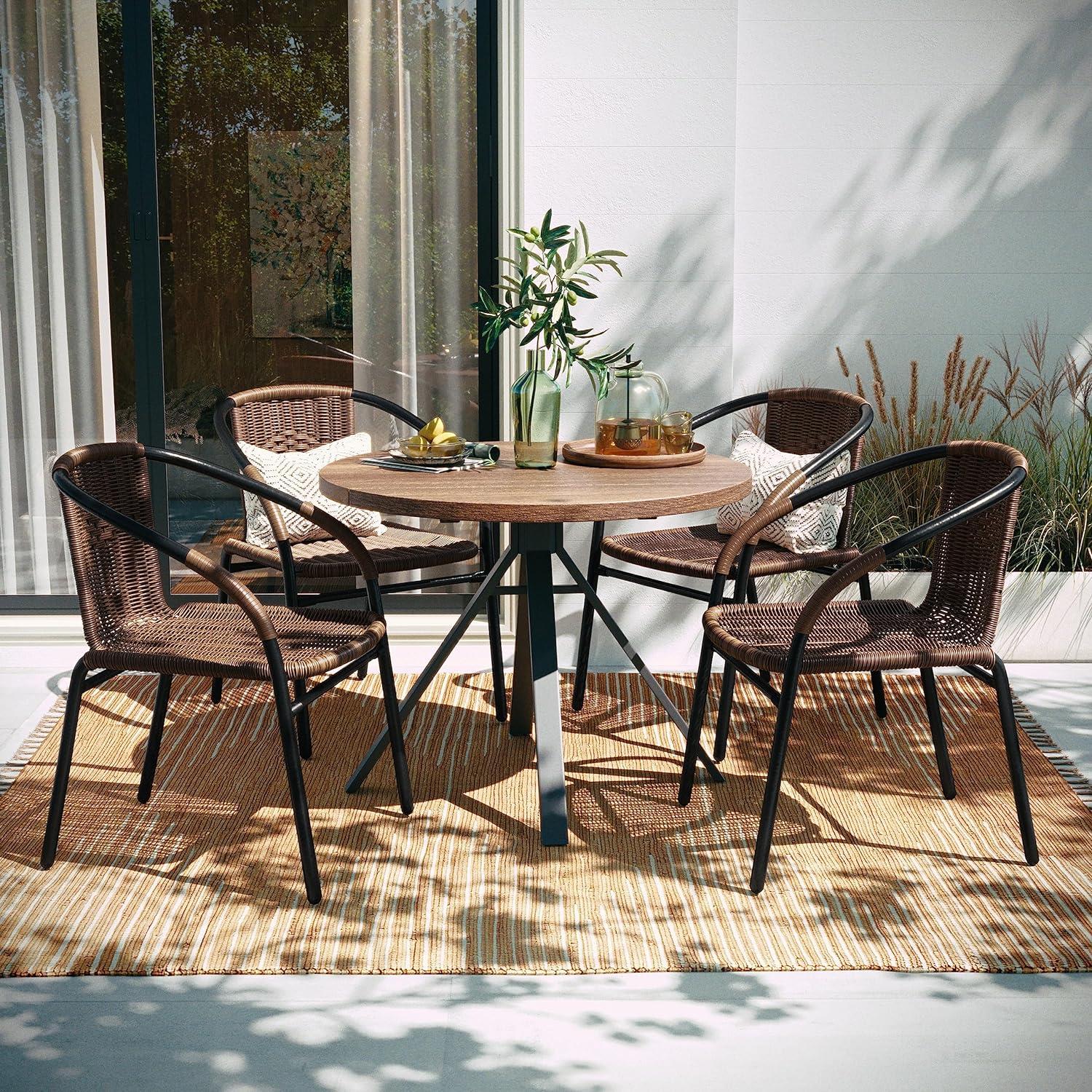 imageFlash Furniture Lila Modern Rattan IndoorOutdoor Stackable Dining Chairs Stacking Rattan Bistro Chairs for Patio or Restaurant Set of 2 BrownDark Brown