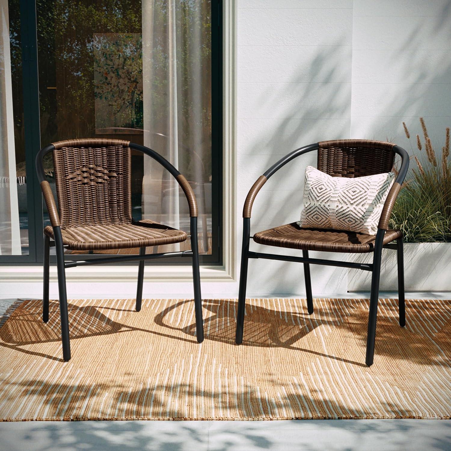 imageFlash Furniture Lila Modern Rattan IndoorOutdoor Stackable Dining Chairs Stacking Rattan Bistro Chairs for Patio or Restaurant Set of 2 BrownDark Brown