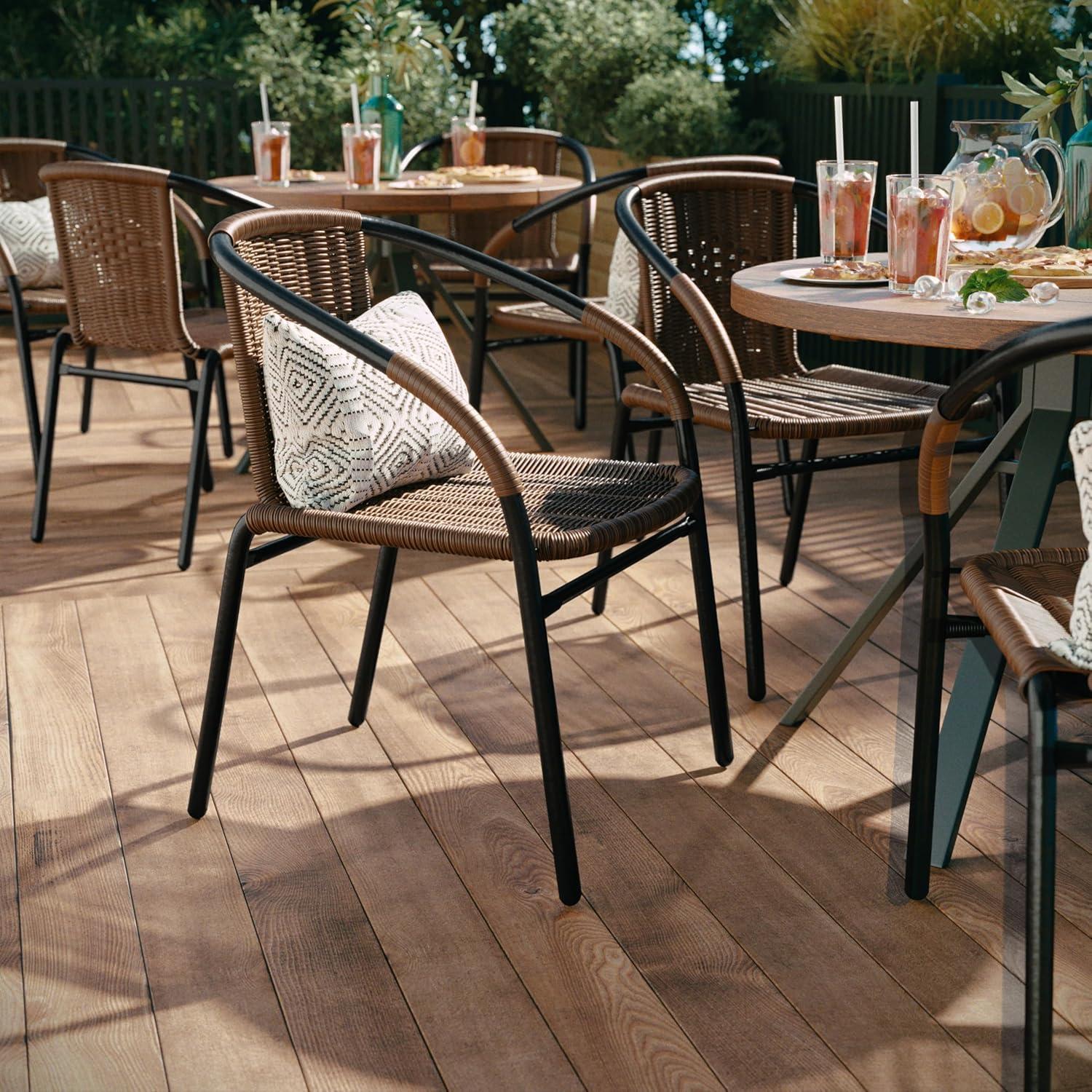 imageFlash Furniture Lila Modern Rattan IndoorOutdoor Stackable Dining Chairs Stacking Rattan Bistro Chairs for Patio or Restaurant Set of 2 BrownDark Brown