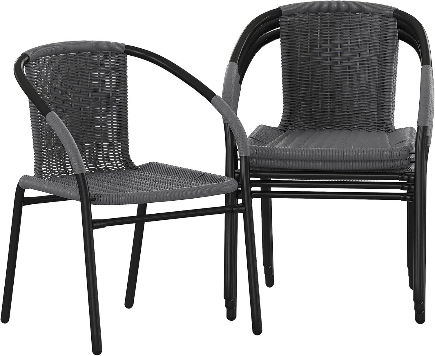 imageFlash Furniture Lila Modern Rattan IndoorOutdoor Stackable Dining Chairs Stacking Rattan Bistro Chairs for Patio or Restaurant Set of 2 BrownGrey