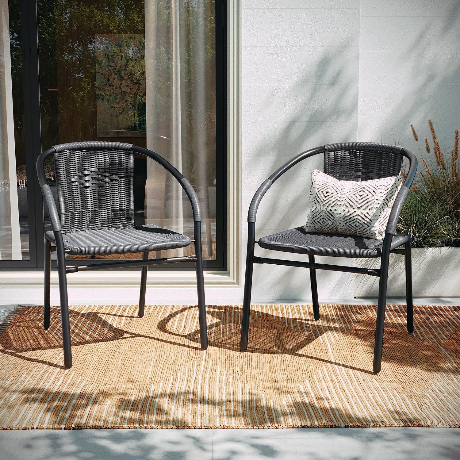 imageFlash Furniture Lila Modern Rattan IndoorOutdoor Stackable Dining Chairs Stacking Rattan Bistro Chairs for Patio or Restaurant Set of 2 BrownGrey