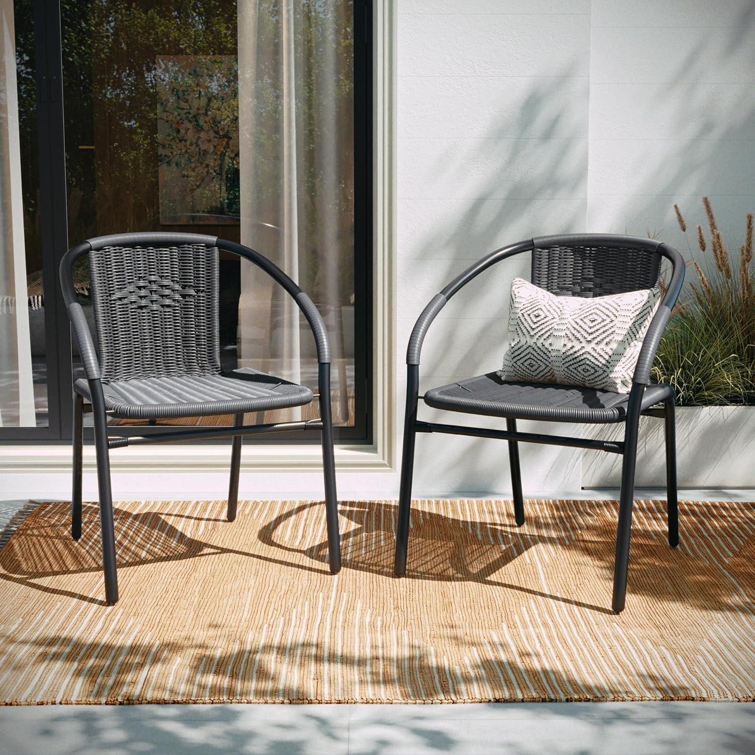 imageFlash Furniture Lila Modern Rattan IndoorOutdoor Stackable Dining Chairs Stacking Rattan Bistro Chairs for Patio or Restaurant Set of 2 BrownGrey