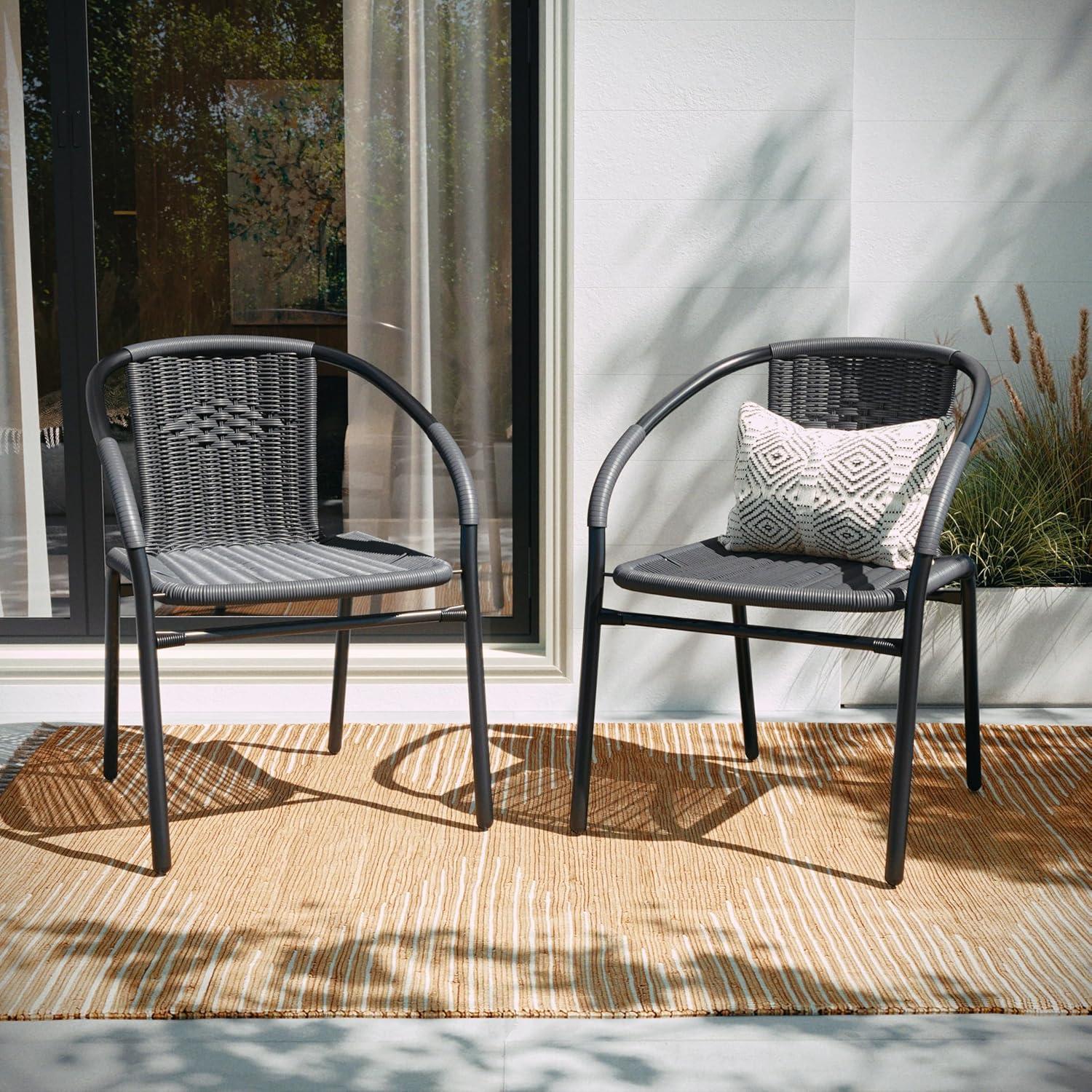 imageFlash Furniture Lila Modern Rattan IndoorOutdoor Stackable Dining Chairs Stacking Rattan Bistro Chairs for Patio or Restaurant Set of 2 BrownGrey