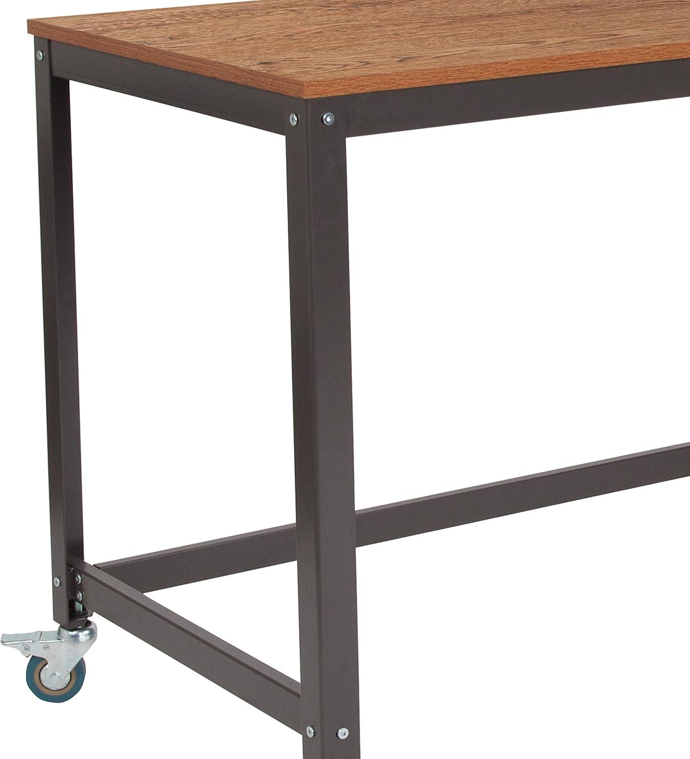 imageFlash Furniture Livingston Collection Computer Table and Desk in Brown Oak Wood Grain Finish with Metal Wheels