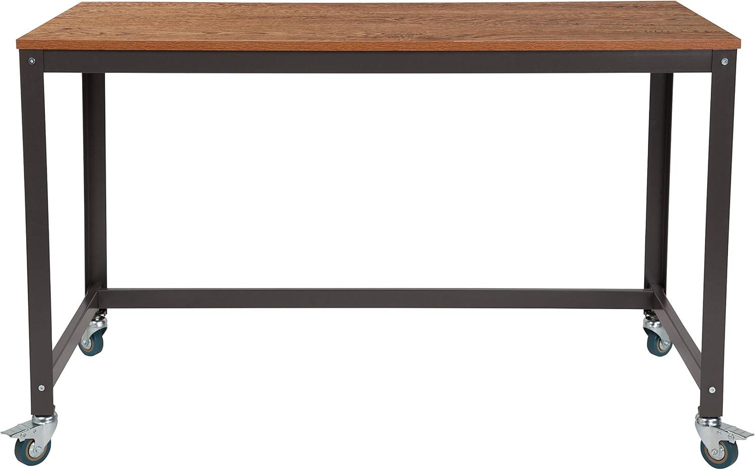imageFlash Furniture Livingston Collection Computer Table and Desk in Brown Oak Wood Grain Finish with Metal Wheels