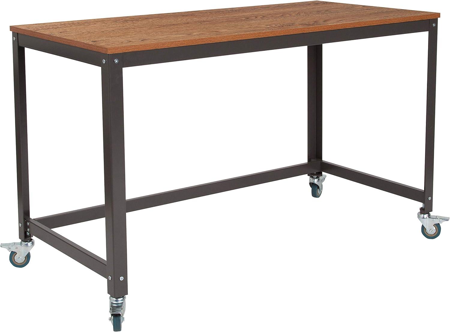 imageFlash Furniture Livingston Collection Computer Table and Desk in Brown Oak Wood Grain Finish with Metal Wheels