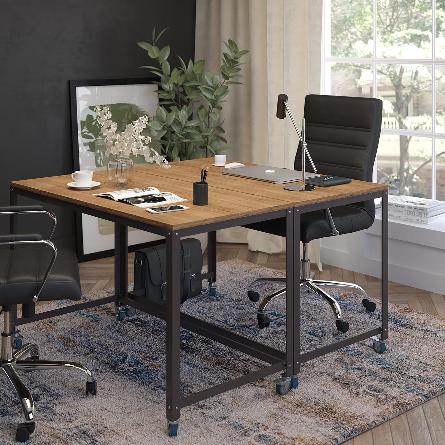 imageFlash Furniture Livingston Collection Computer Table and Desk in Brown Oak Wood Grain Finish with Metal Wheels