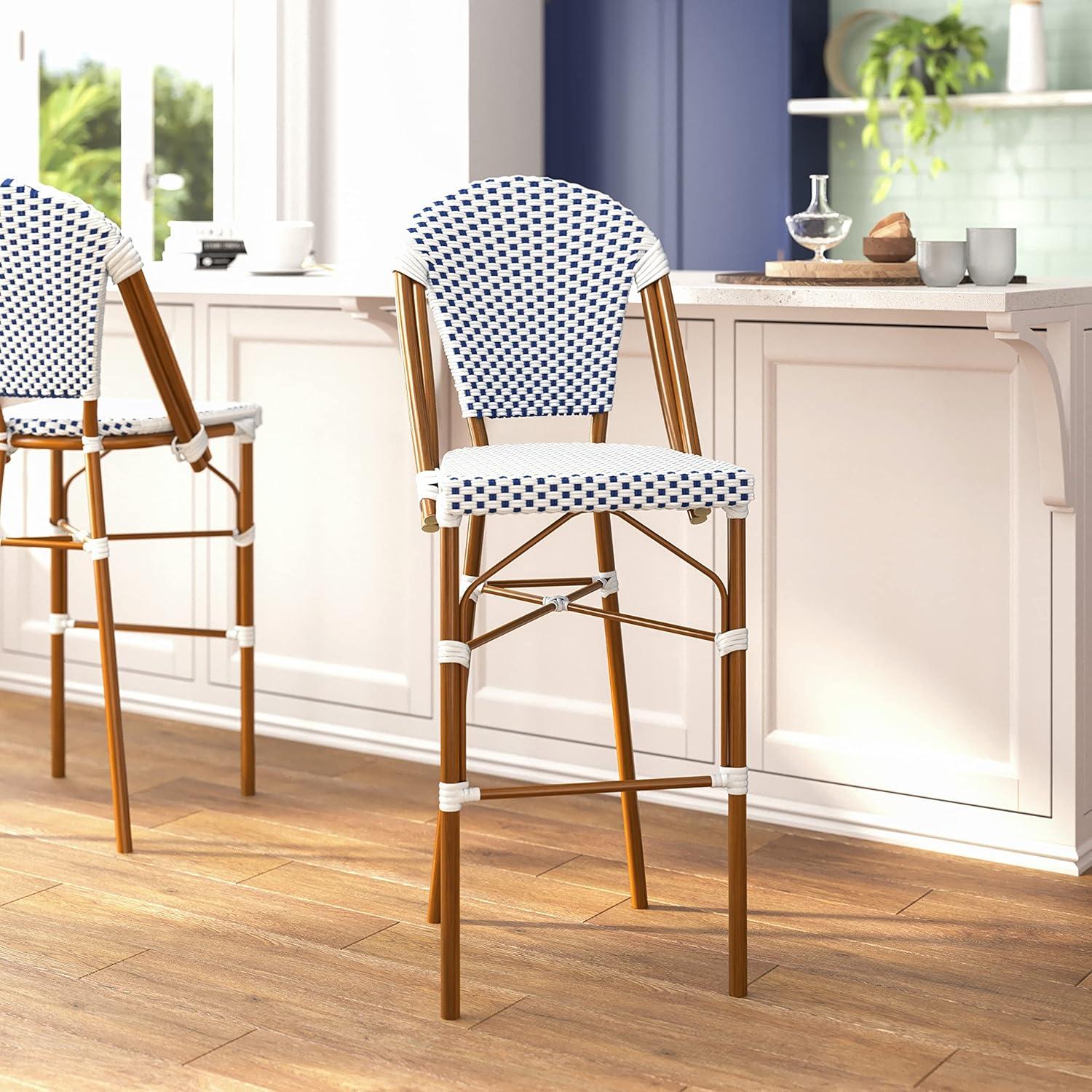 imageFlash Furniture Lourdes Commercial Grade Bistro Barstool Stackable IndoorOutdoor Dining Stool 30quotHigh NaturalWhite ampamp Light Natural Finish Set of 2White NavyNatural Frame