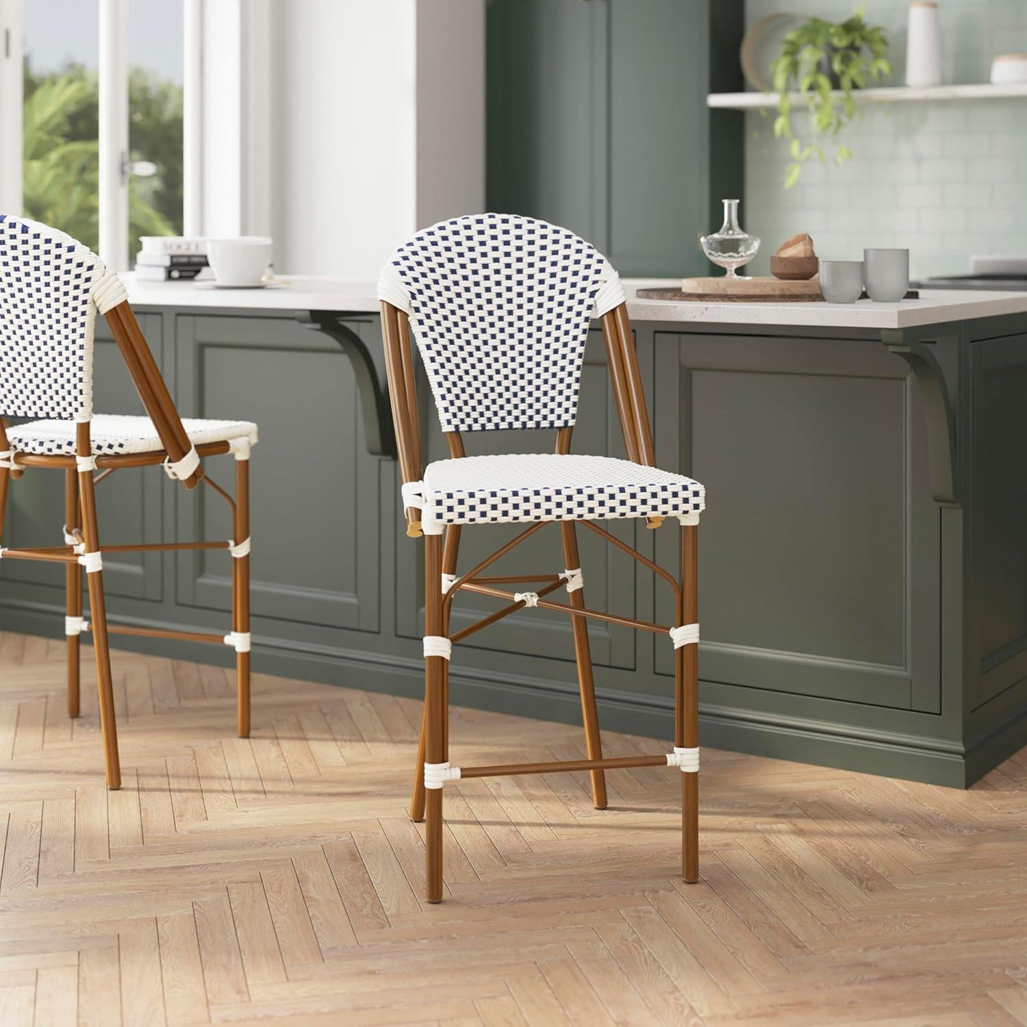 imageFlash Furniture Lourdes Commercial Grade Bistro Counter Stool Stackable IndoorOutdoor Dining Stool 26quotHigh NaturalWhiteLight Natural Finish Set of 2White NavyNatural Frame