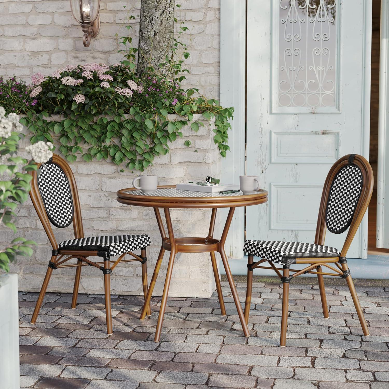 imageFlash Furniture Lourdes IndoorOutdoor Commercial Bistro Table Tempered Glass Top PE Rattan Lt NAT Bamboo Print Aluminum Frame 315quot NATWhiteBlack White RattanNatural Frame
