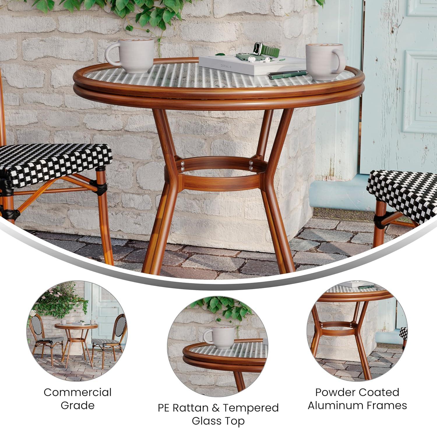 imageFlash Furniture Lourdes IndoorOutdoor Commercial Bistro Table Tempered Glass Top PE Rattan Lt NAT Bamboo Print Aluminum Frame 315quot NATWhiteBlack White RattanNatural Frame
