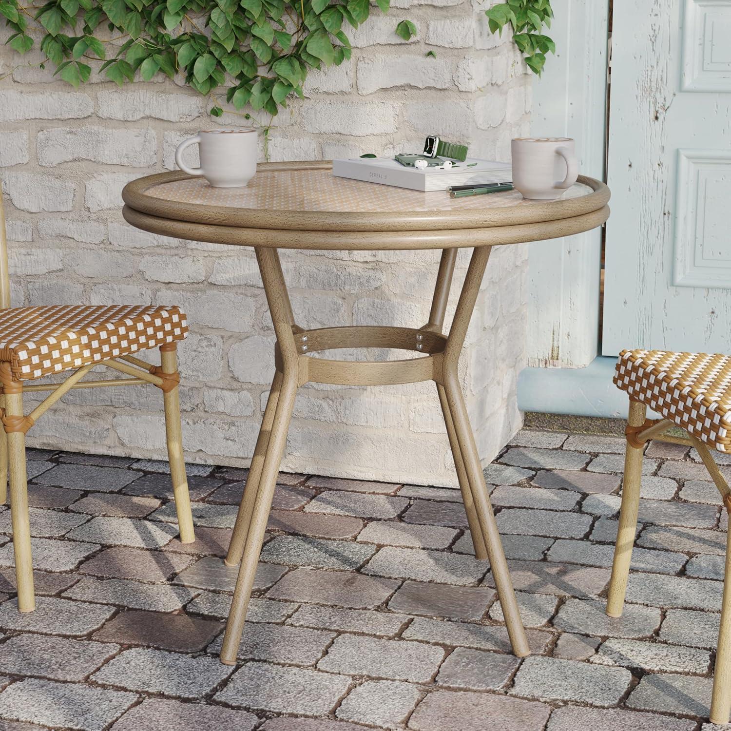 imageFlash Furniture Lourdes IndoorOutdoor Commercial Bistro Table Tempered Glass Top PE Rattan Lt NAT Bamboo Print Aluminum Frame 315quot NATWhiteNatural White RattanLight Natural Frame