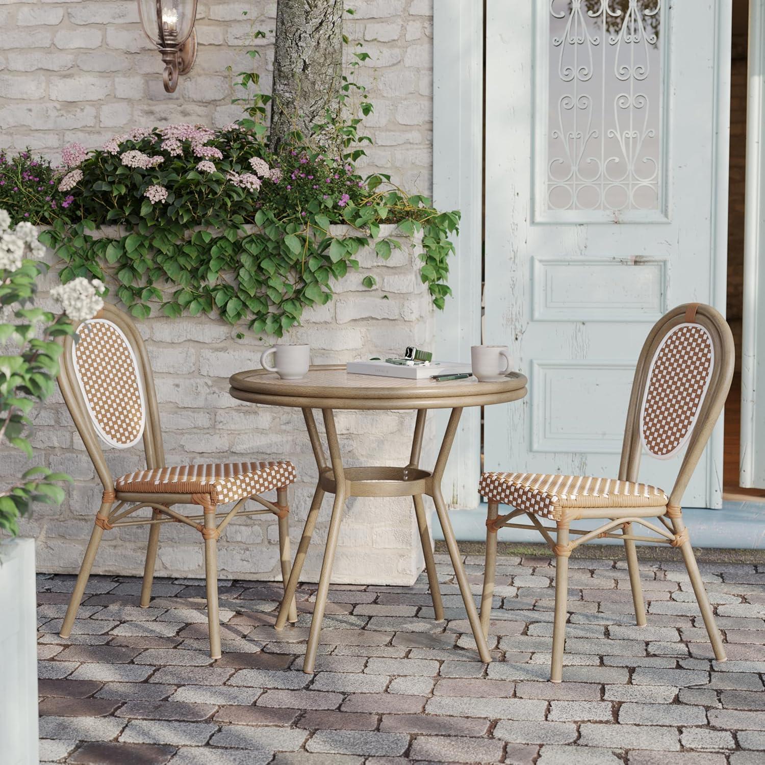 imageFlash Furniture Lourdes IndoorOutdoor Commercial Bistro Table Tempered Glass Top PE Rattan Lt NAT Bamboo Print Aluminum Frame 315quot NATWhiteNatural White RattanLight Natural Frame