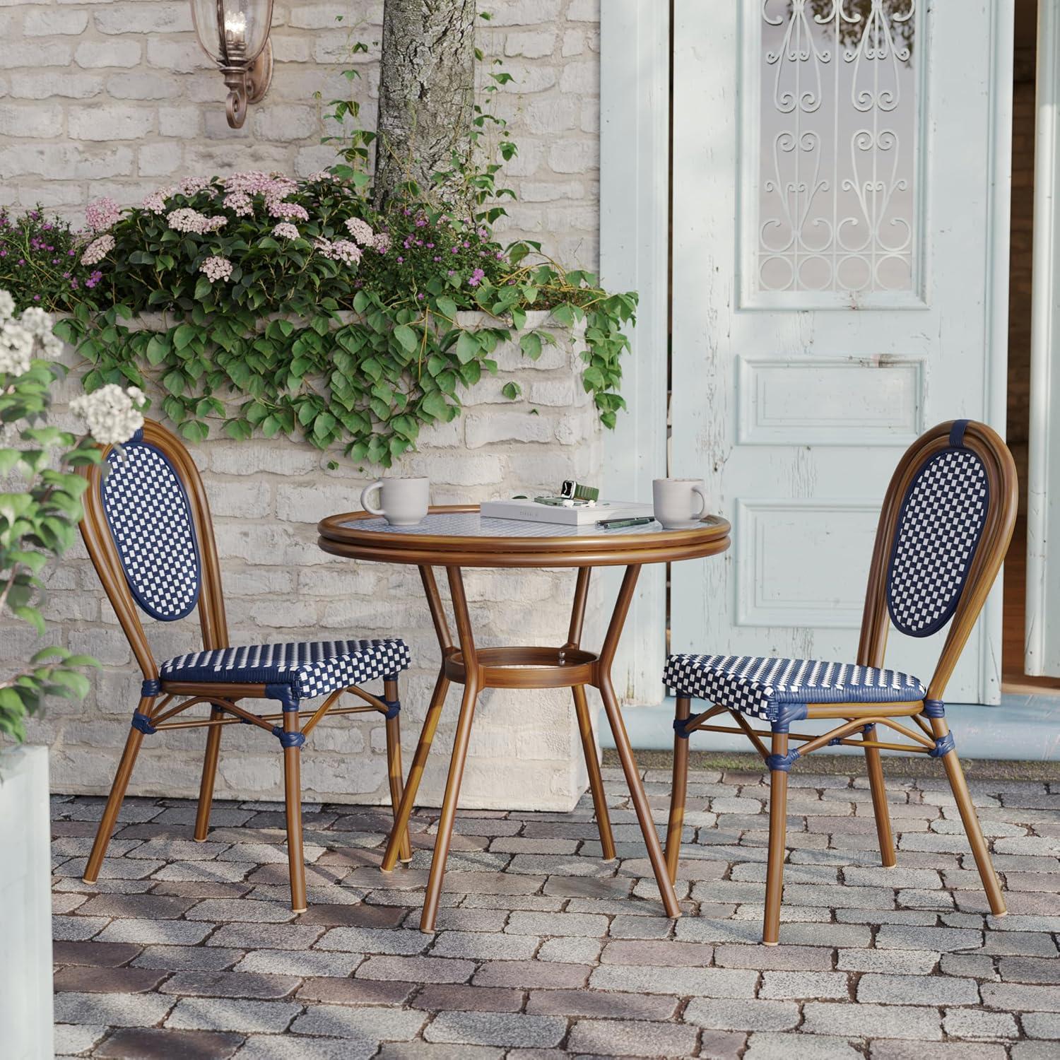 imageFlash Furniture Lourdes IndoorOutdoor Commercial Bistro Table Tempered Glass Top PE Rattan Lt NAT Bamboo Print Aluminum Frame 315quot NATWhiteNavy White RattanNatural Frame
