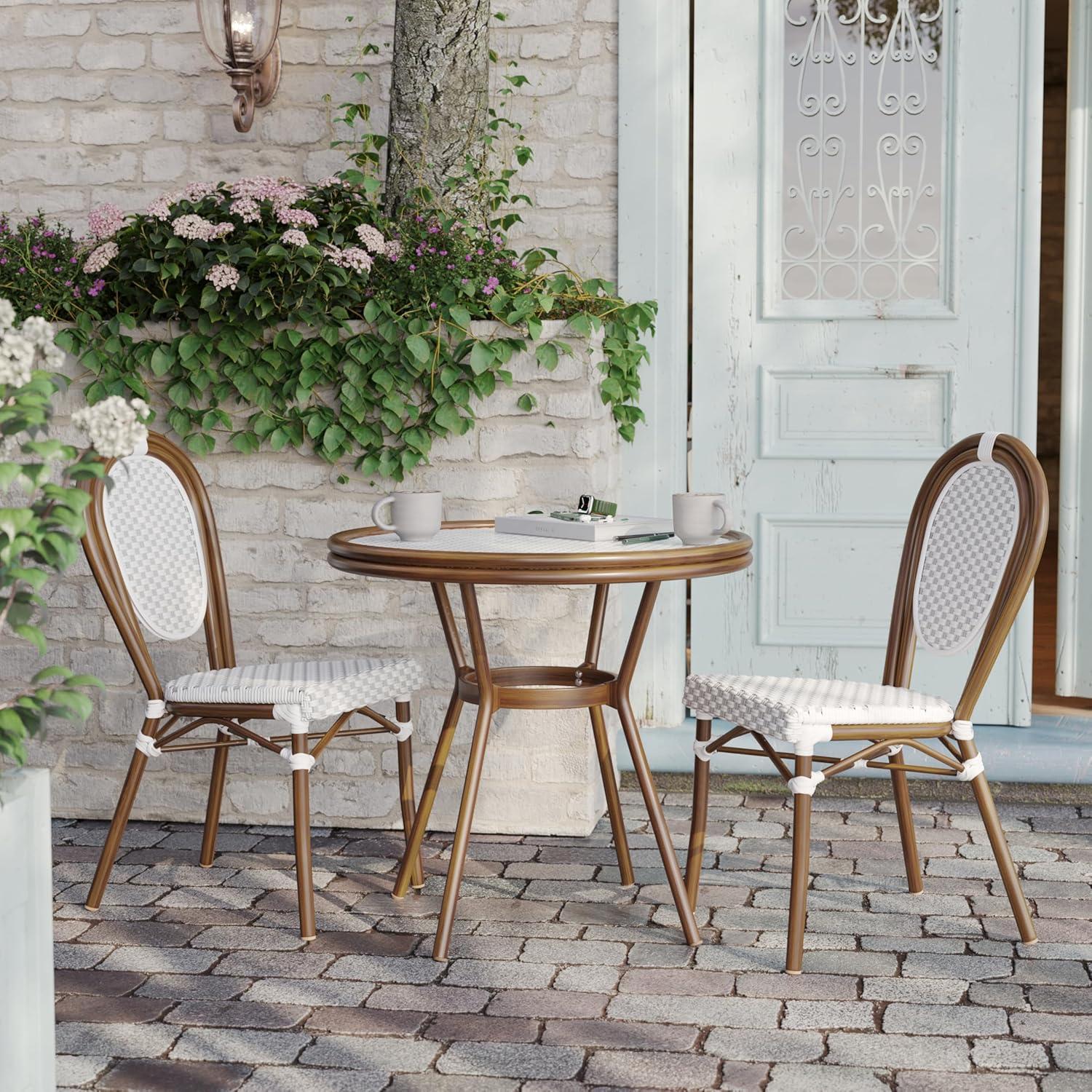 imageFlash Furniture Lourdes IndoorOutdoor Commercial Bistro Table Tempered Glass Top PE Rattan Lt NAT Bamboo Print Aluminum Frame 315quot NATWhiteWhite Gray RattanNatural Frame