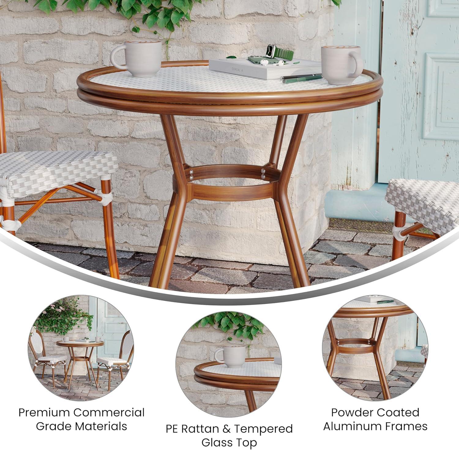 imageFlash Furniture Lourdes IndoorOutdoor Commercial Bistro Table Tempered Glass Top PE Rattan Lt NAT Bamboo Print Aluminum Frame 315quot NATWhiteWhite Gray RattanNatural Frame