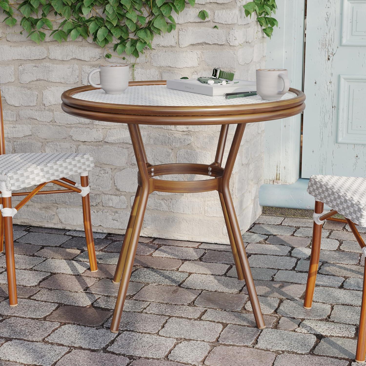 imageFlash Furniture Lourdes IndoorOutdoor Commercial Bistro Table Tempered Glass Top PE Rattan Lt NAT Bamboo Print Aluminum Frame 315quot NATWhiteWhite Gray RattanNatural Frame