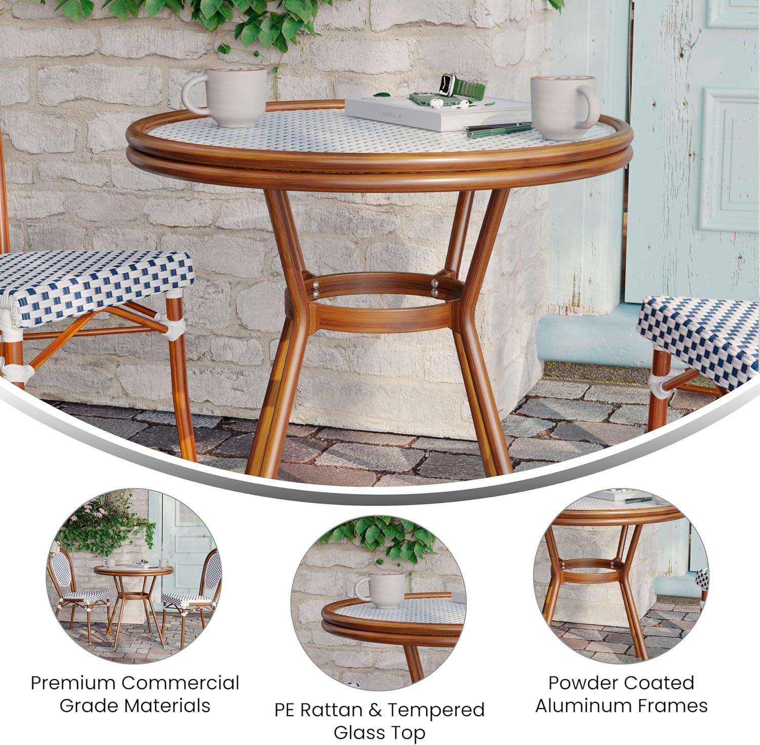 imageFlash Furniture Lourdes IndoorOutdoor Commercial Bistro Table Tempered Glass Top PE Rattan Lt NAT Bamboo Print Aluminum Frame 315quot NATWhiteWhite Navy RattanNatural Frame