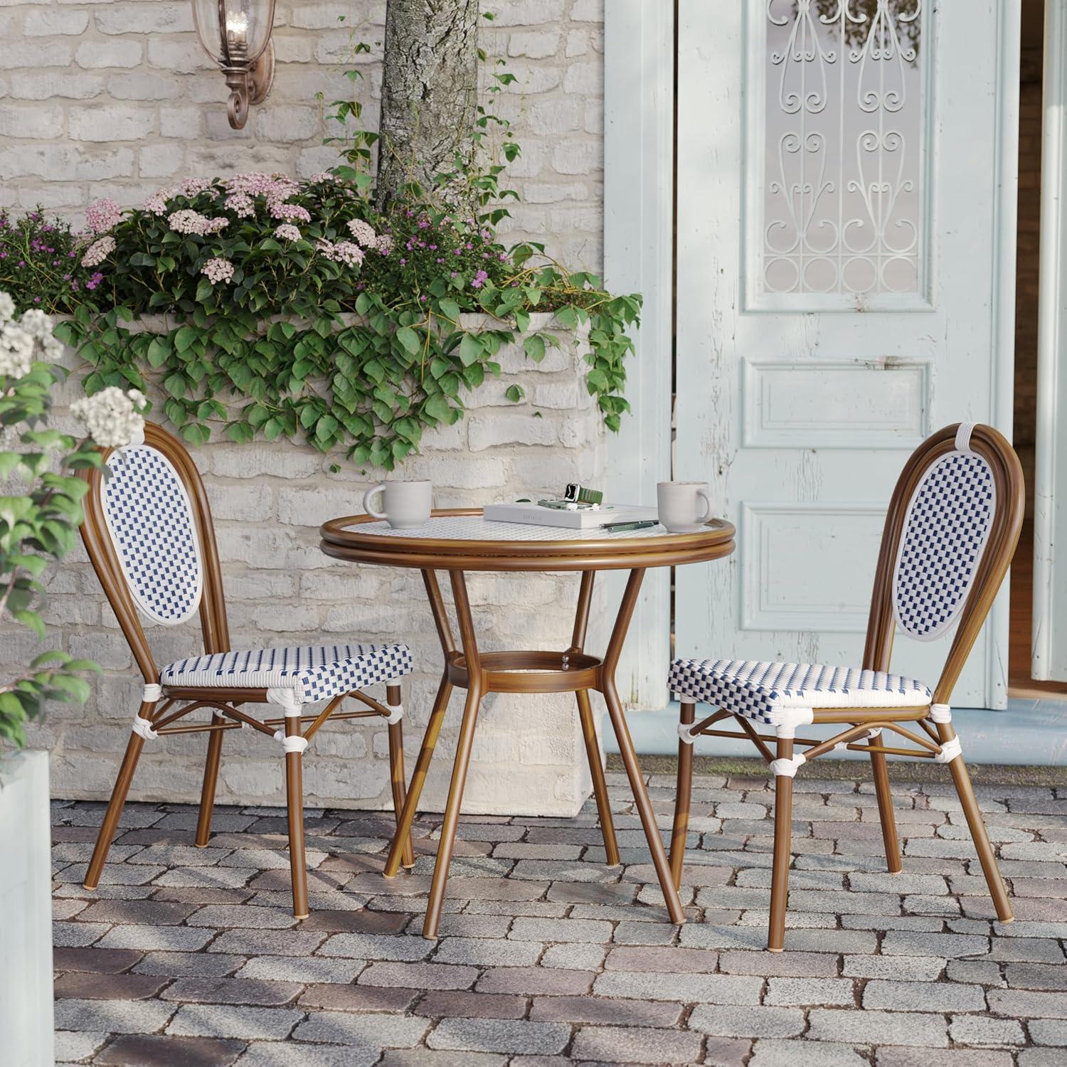 imageFlash Furniture Lourdes IndoorOutdoor Commercial Bistro Table Tempered Glass Top PE Rattan Lt NAT Bamboo Print Aluminum Frame 315quot NATWhiteWhite Navy RattanNatural Frame