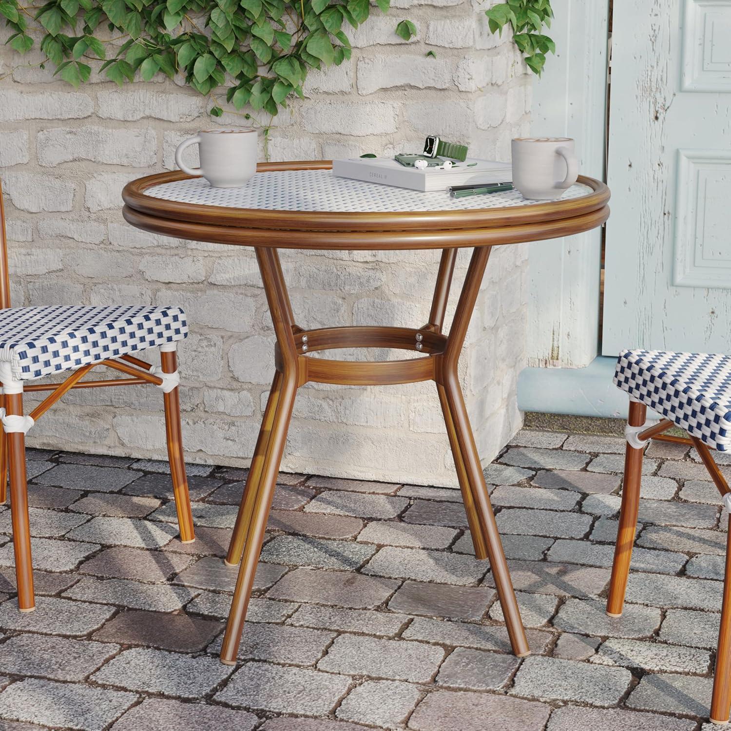 imageFlash Furniture Lourdes IndoorOutdoor Commercial Bistro Table Tempered Glass Top PE Rattan Lt NAT Bamboo Print Aluminum Frame 315quot NATWhiteWhite Navy RattanNatural Frame