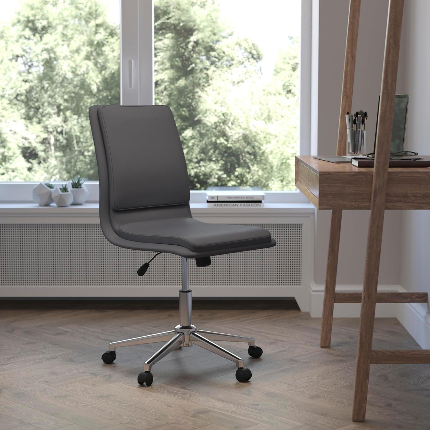 imageFlash Furniture Madigan Task Office Chair Luxurious Cognac LeatherSoft Upholstery Padded MidBack and Seat Height Adjustable Chrome Base ArmlessGrey
