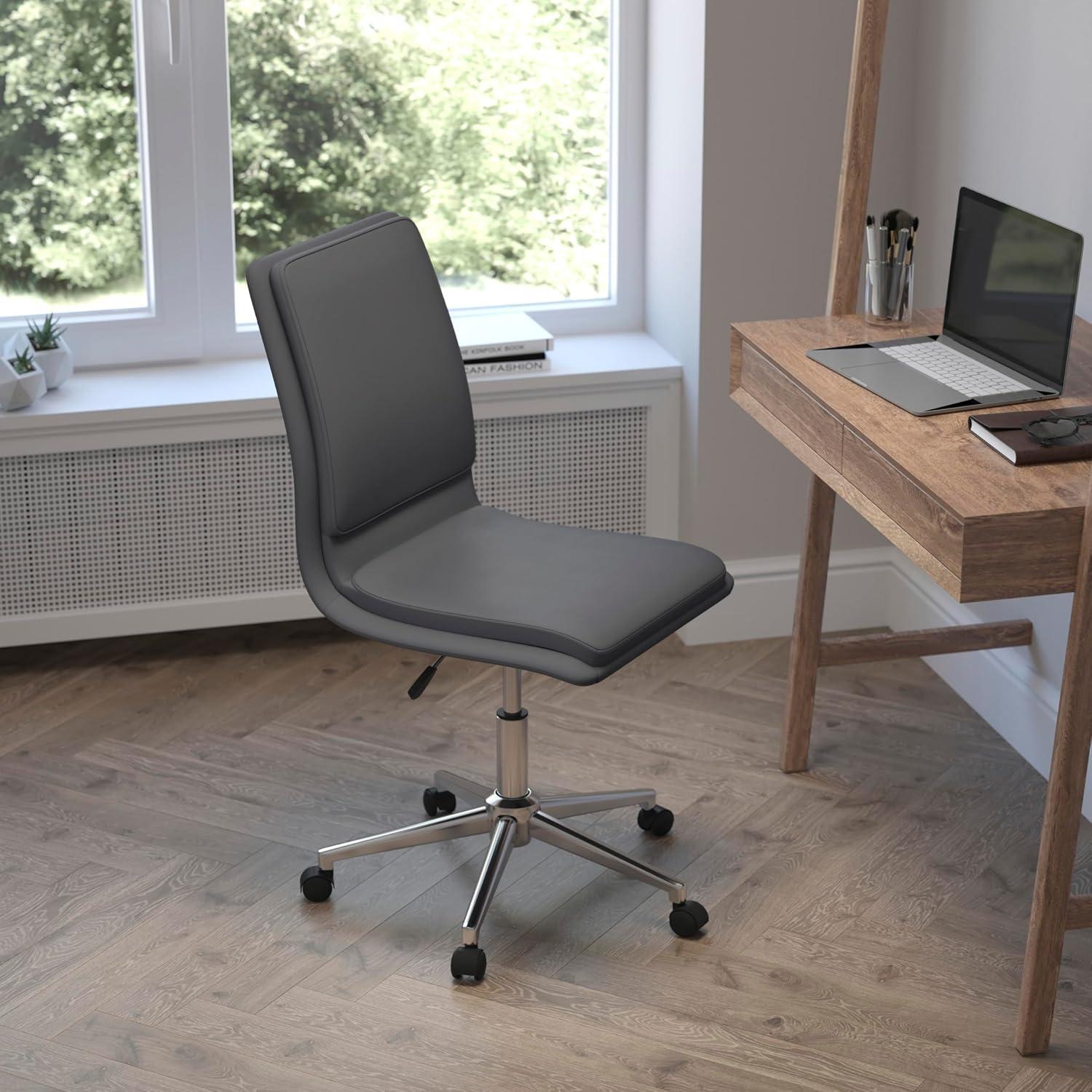 imageFlash Furniture Madigan Task Office Chair Luxurious Cognac LeatherSoft Upholstery Padded MidBack and Seat Height Adjustable Chrome Base ArmlessGrey